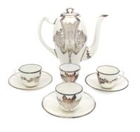 An English Silver Overlay Porcelain Partial Coffee Service Height of coffee pot 7 1/2 inches.