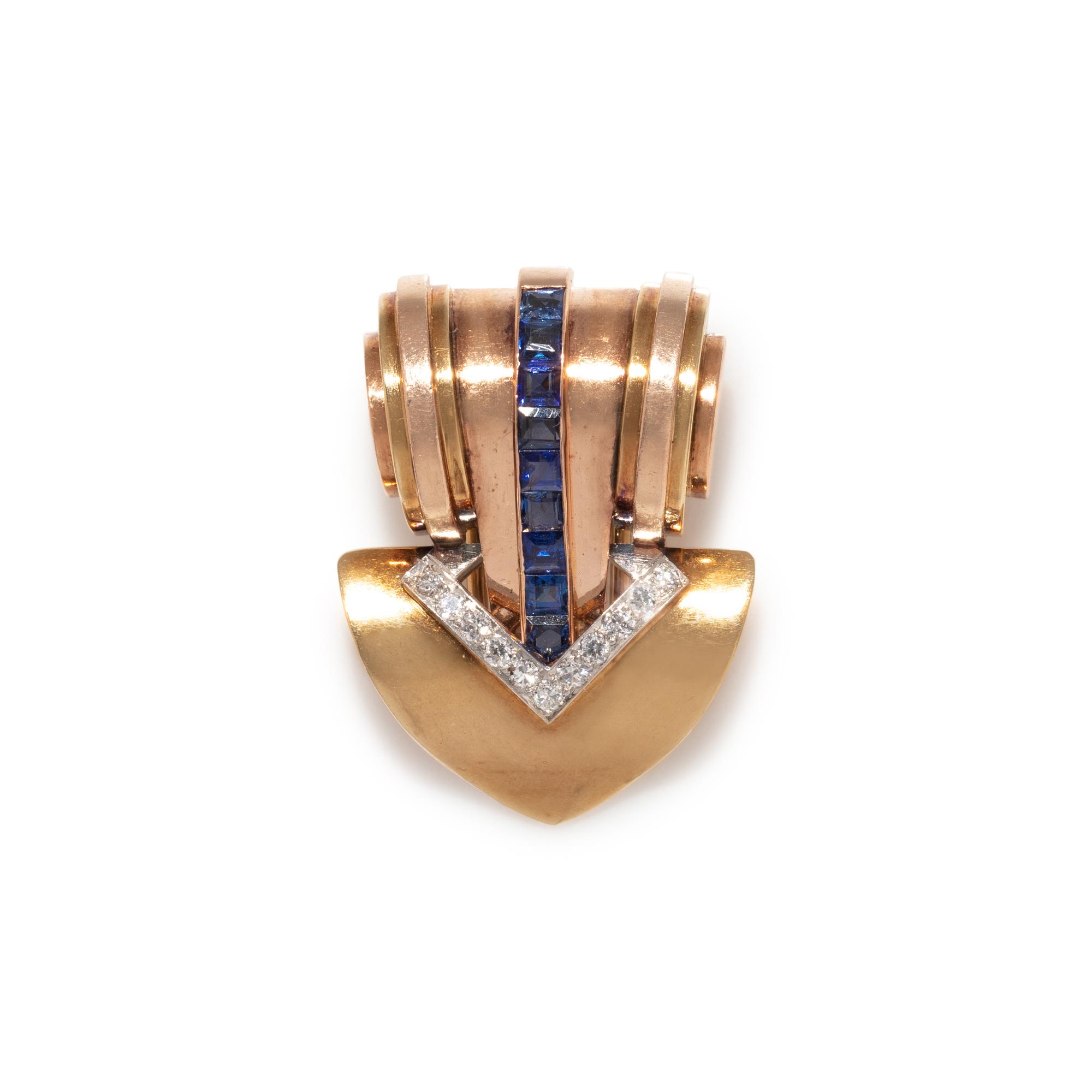 CARTIER, RETRO, SAPPHIRE AND DIAMOND CLIP BROOCH