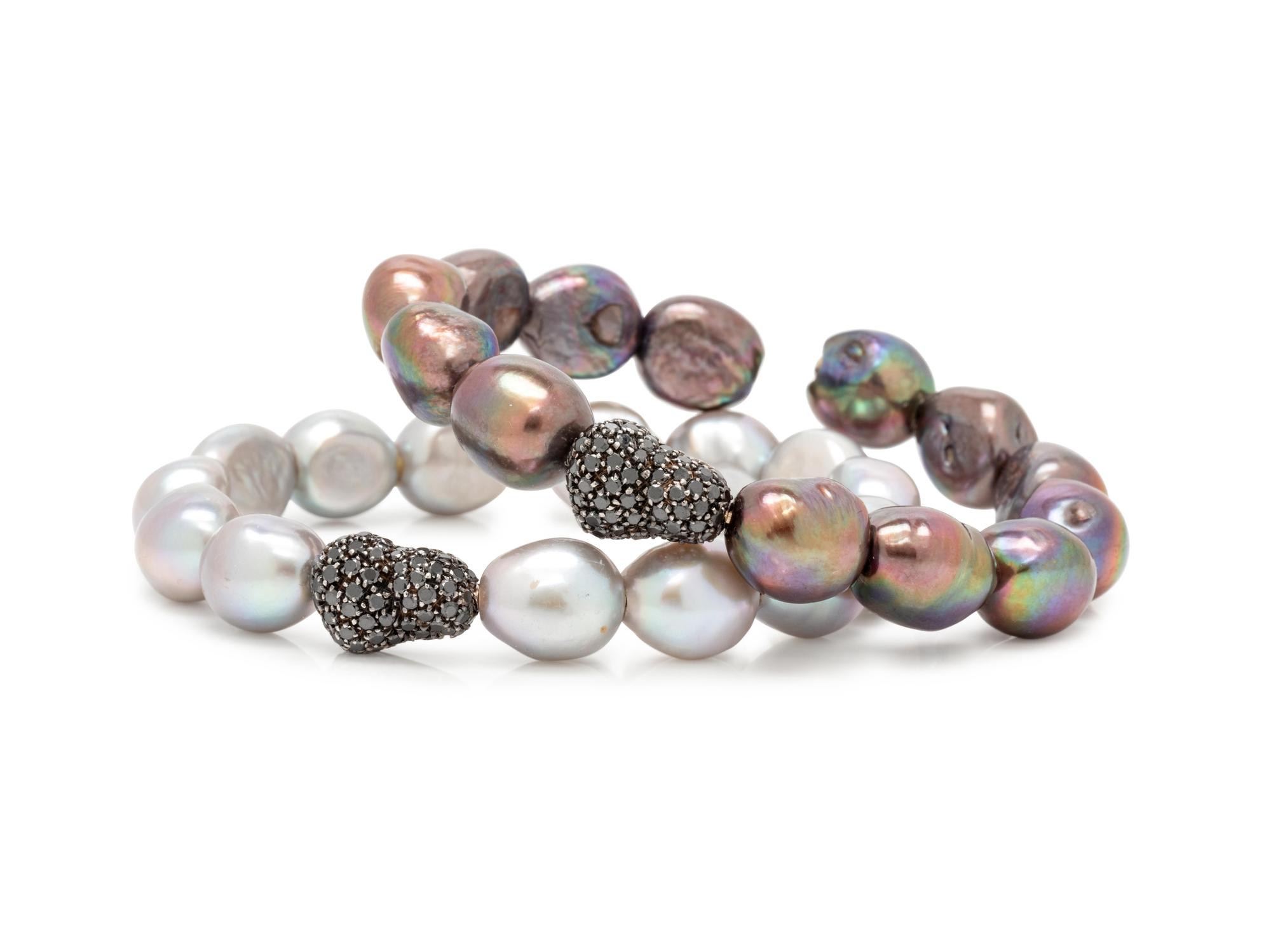 PAIR OF CULTURED TAHITIAN PEARL AND BLACK DIAMOND BANGLE BRACELETS