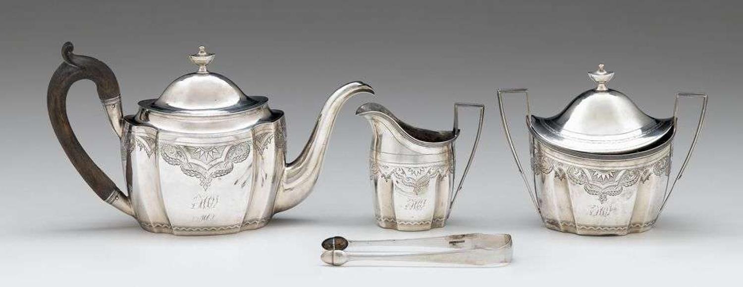 Three piece silver tea service james & abraham simmons (active 1802-1814), new york, ny, circa 1805