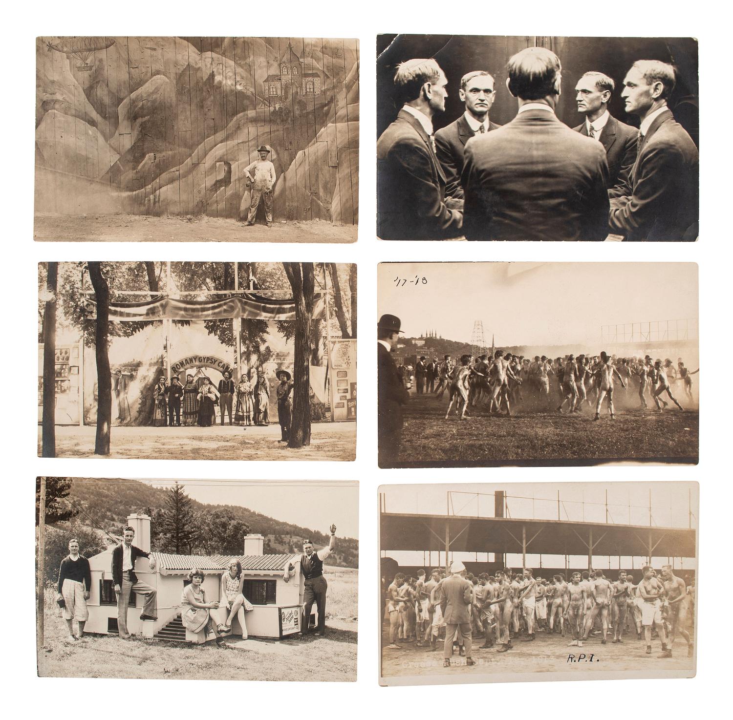 [EARLY PHOTOGRAPHY]. A group of 56 real photo postcards of performers and curious scenes and subjects from the United States and abroad, including: