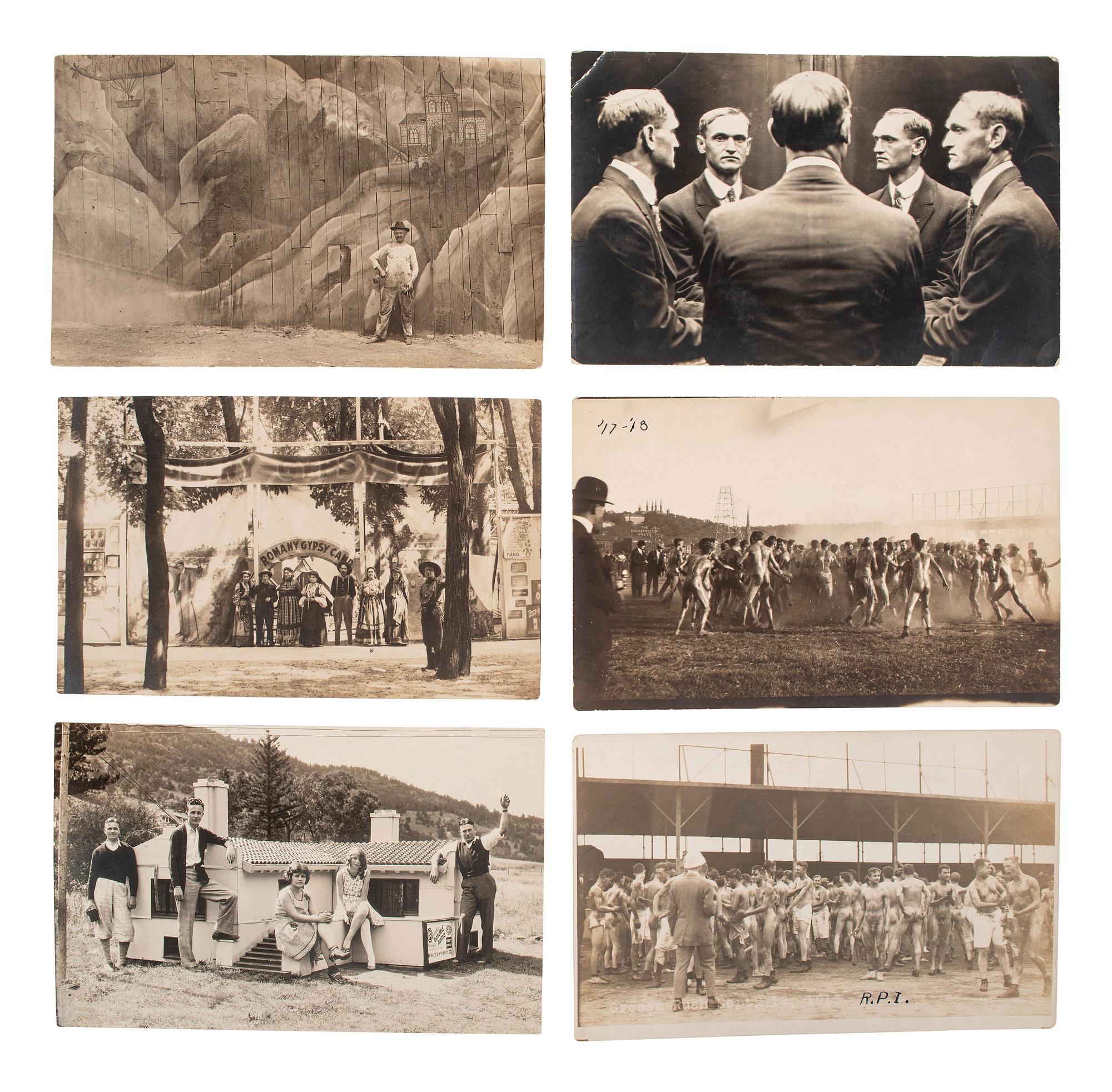 [EARLY PHOTOGRAPHY]. A group of 56 real photo postcards of performers and curious scenes and subjects from the United States and abroad, including: