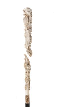 A Continental Ivory Handled Lady's Walking Stick, Length of handle 10 1/4 x length overall 44 3/4 inches.