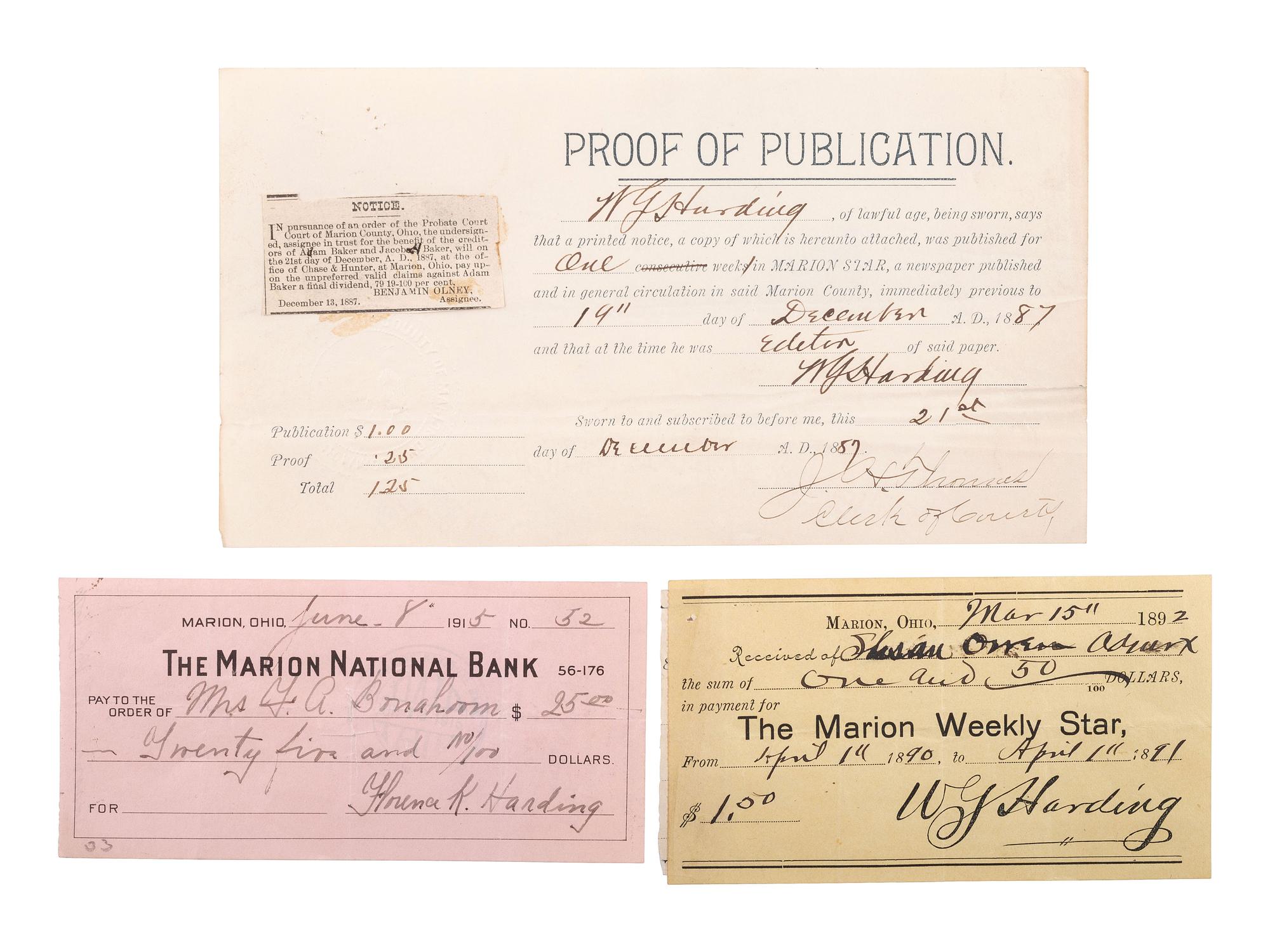 HARDING, Warren G. (1865-1923). Partly printed document signed ("W.G. Harding"), plus.