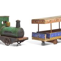 A Painted Wood and Iron "Great Western" Train Engine and a Painted and Wallpaper-Covered Wood Train Car