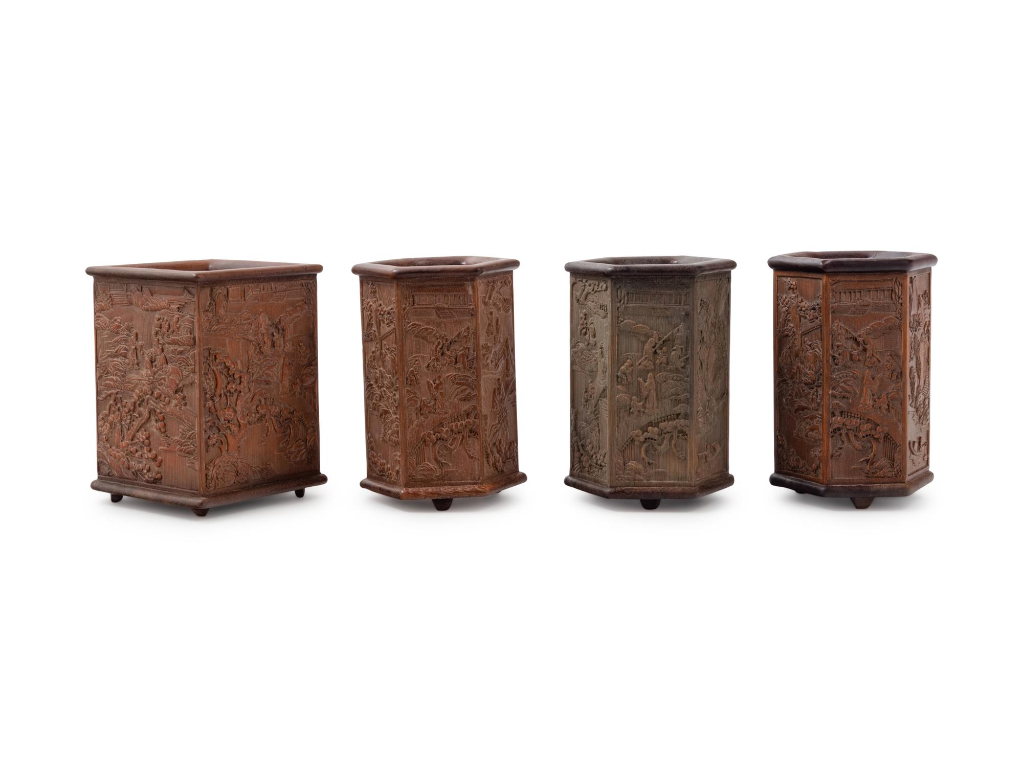 Four Chinese Carved Hardwood Brush Pots, Bitong