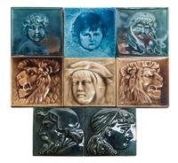 A Collection of Eight Pottery Tiles Each: 6 x 6 inches.