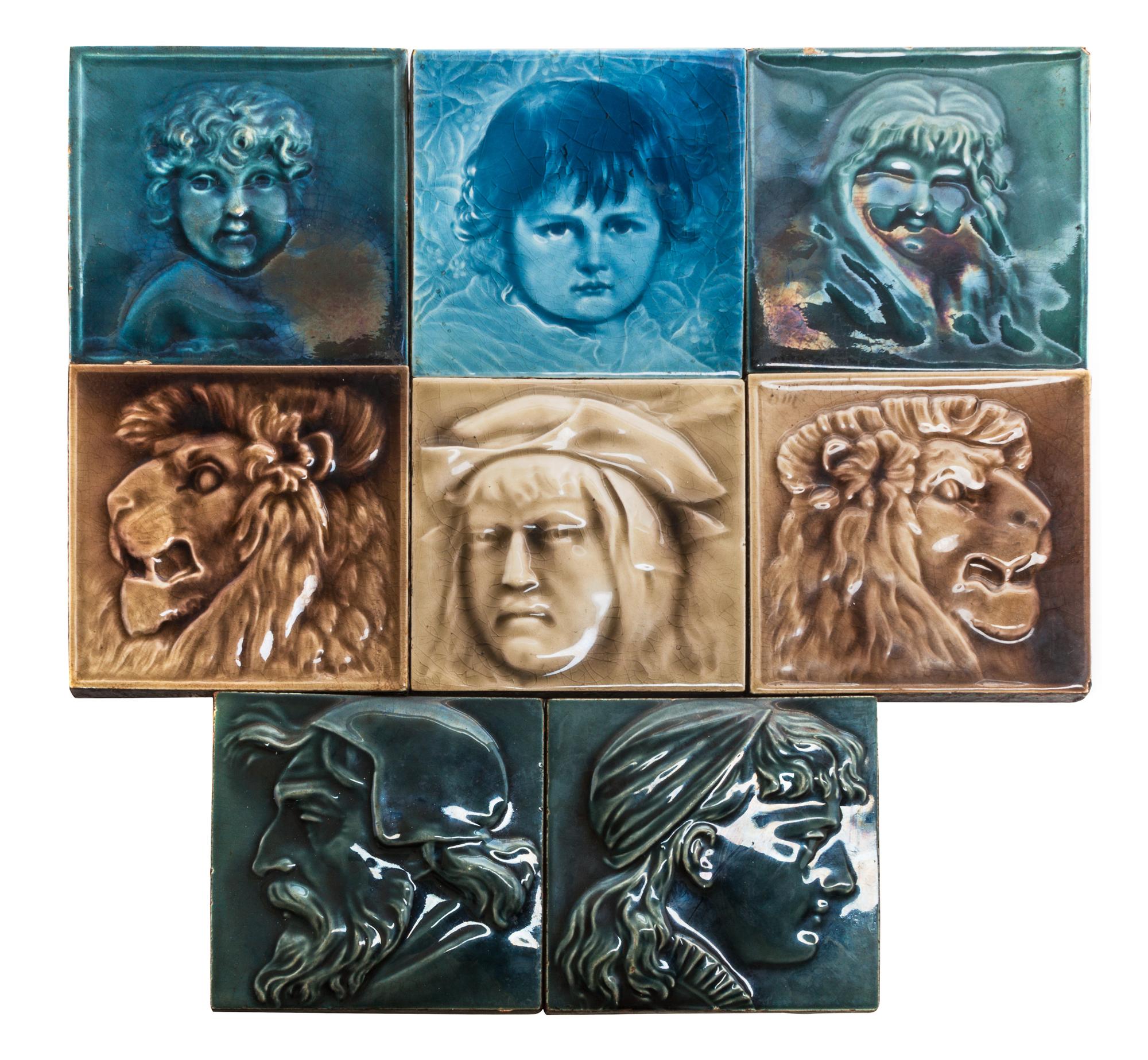 A Collection of Eight Pottery Tiles Each: 6 x 6 inches.