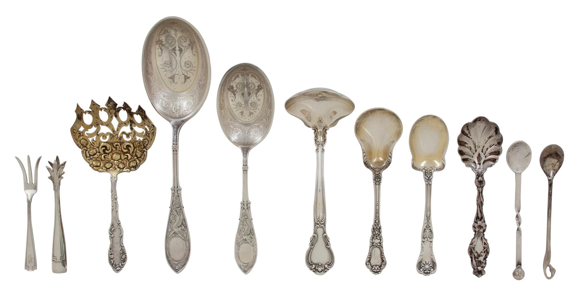 A Miscellaneous Group of Silver Serving Pieces, Various Makers, 20th Century, comprising 8 spoons, a ladle, a pickle fork and a pair of