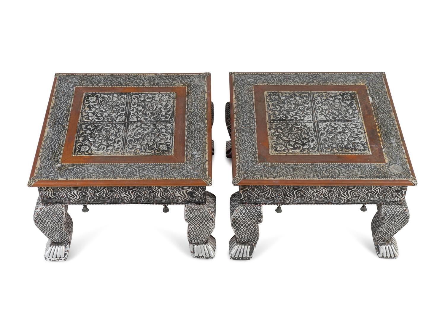 A Pair of Indian Silvered Metal-Sheathed Footstools