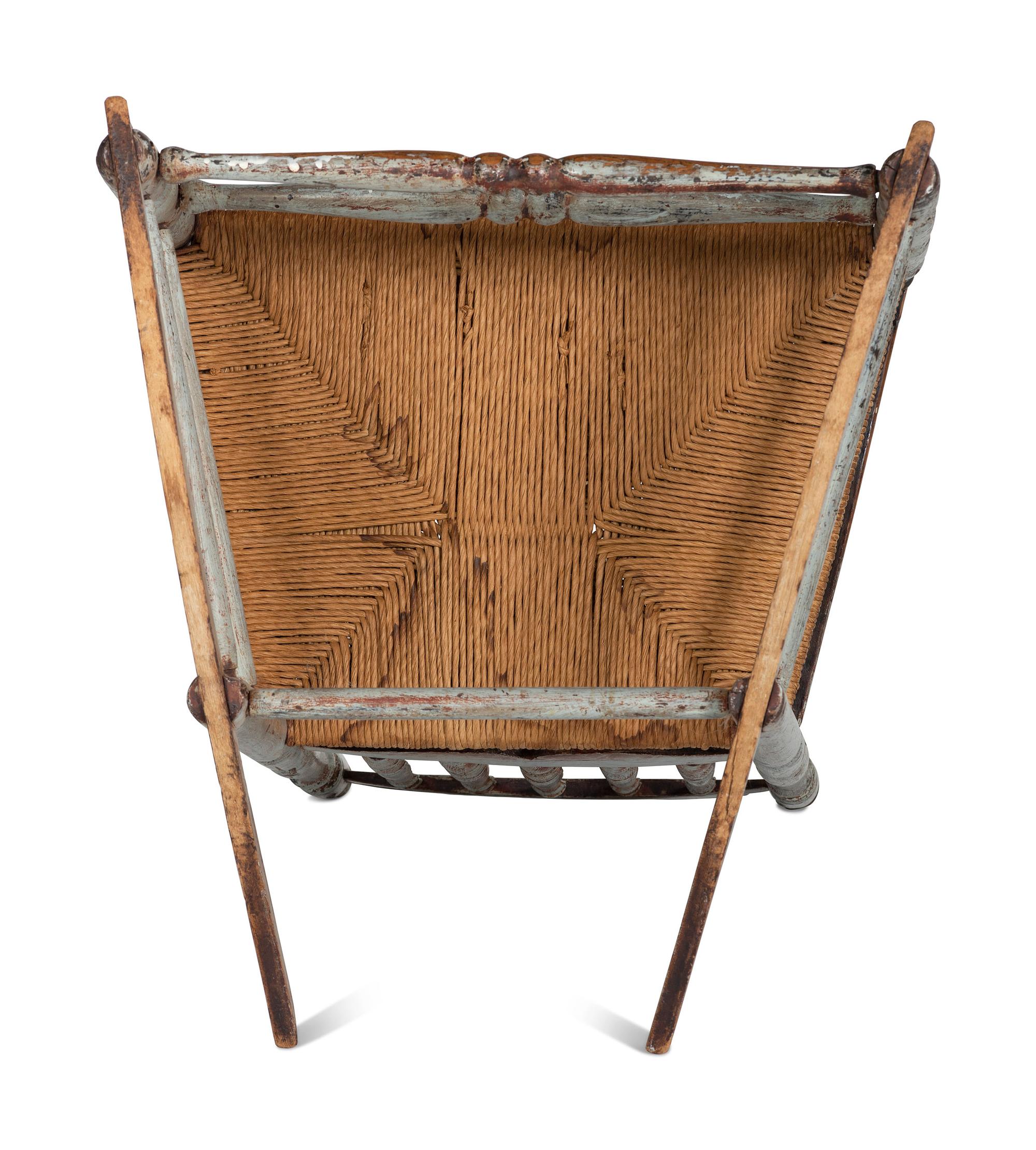 A William and Mary Paint Decorated Rush-Seat Bannister-Back Armchair Rocker