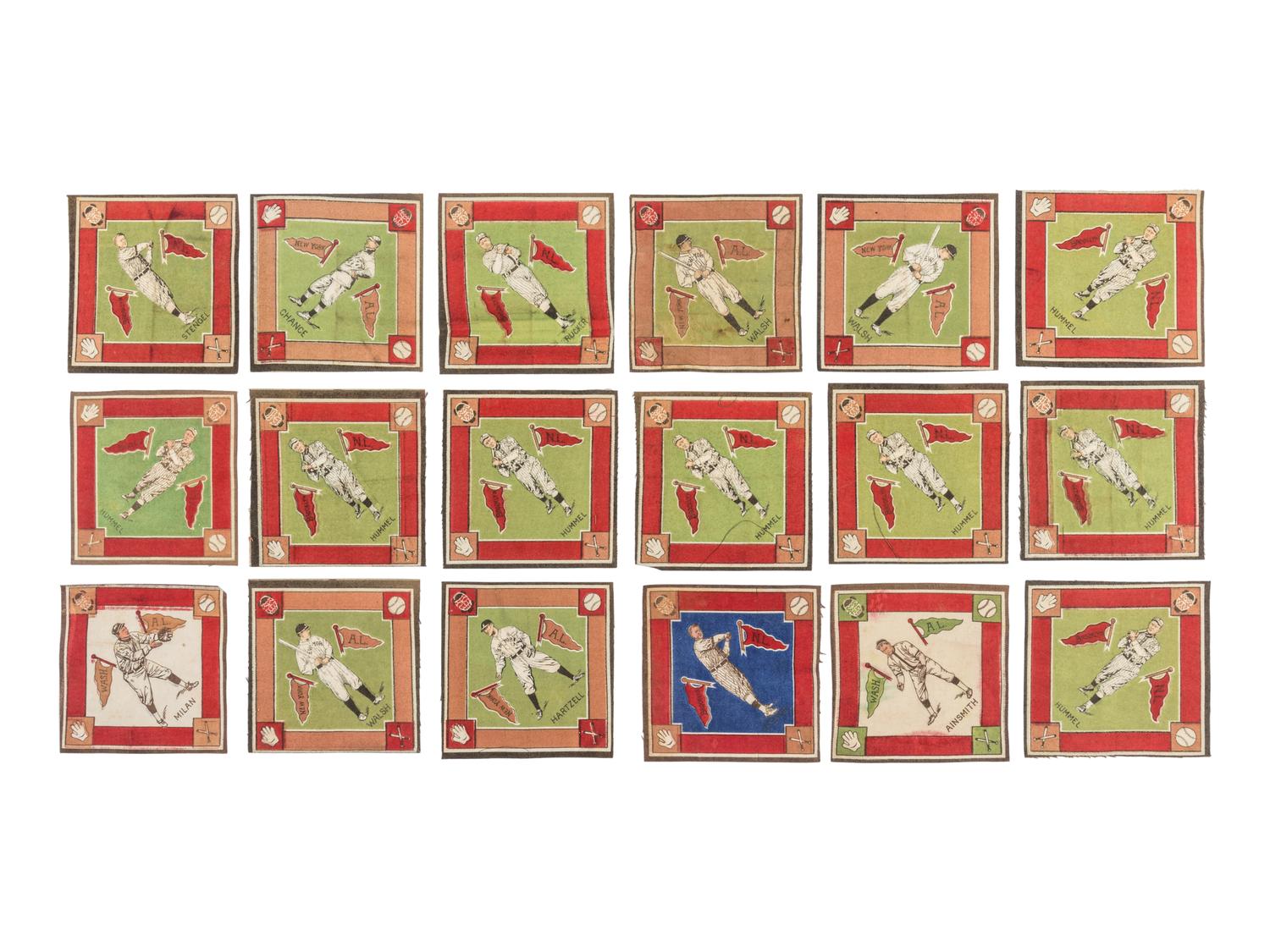 A Large Group of Over 100 1914 B18 Baseball Blanket Squares Including Multiple Hall of Famers,