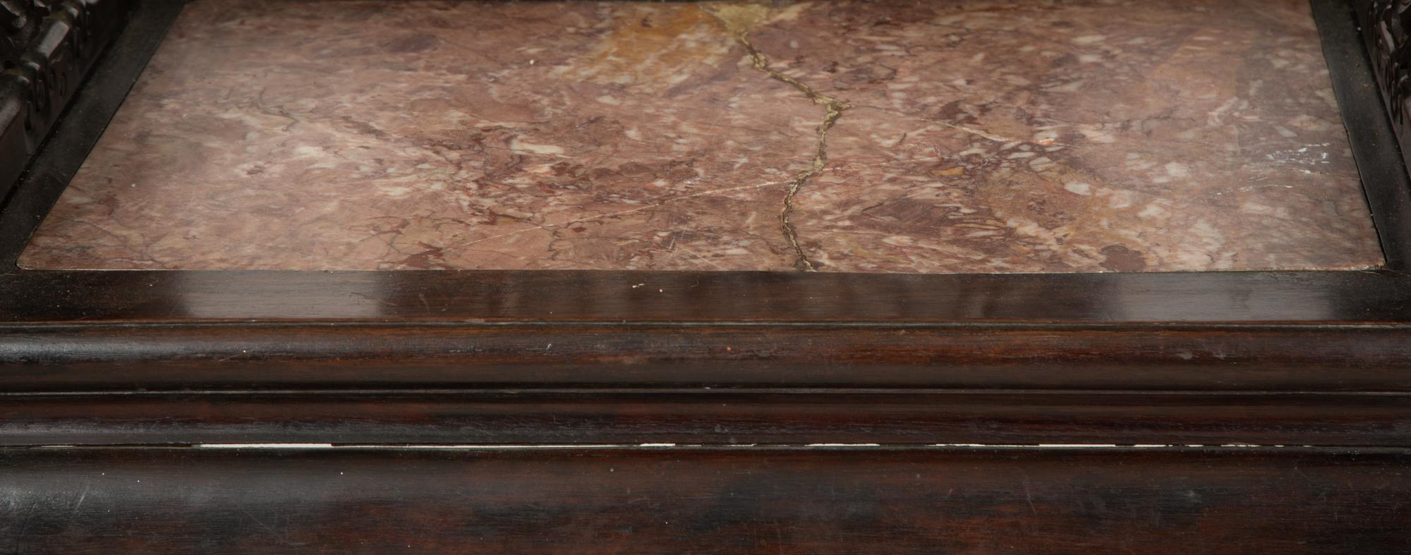 A Near Pair of Chinese Carved Hardstone-Mounted Hardwood Armchairs