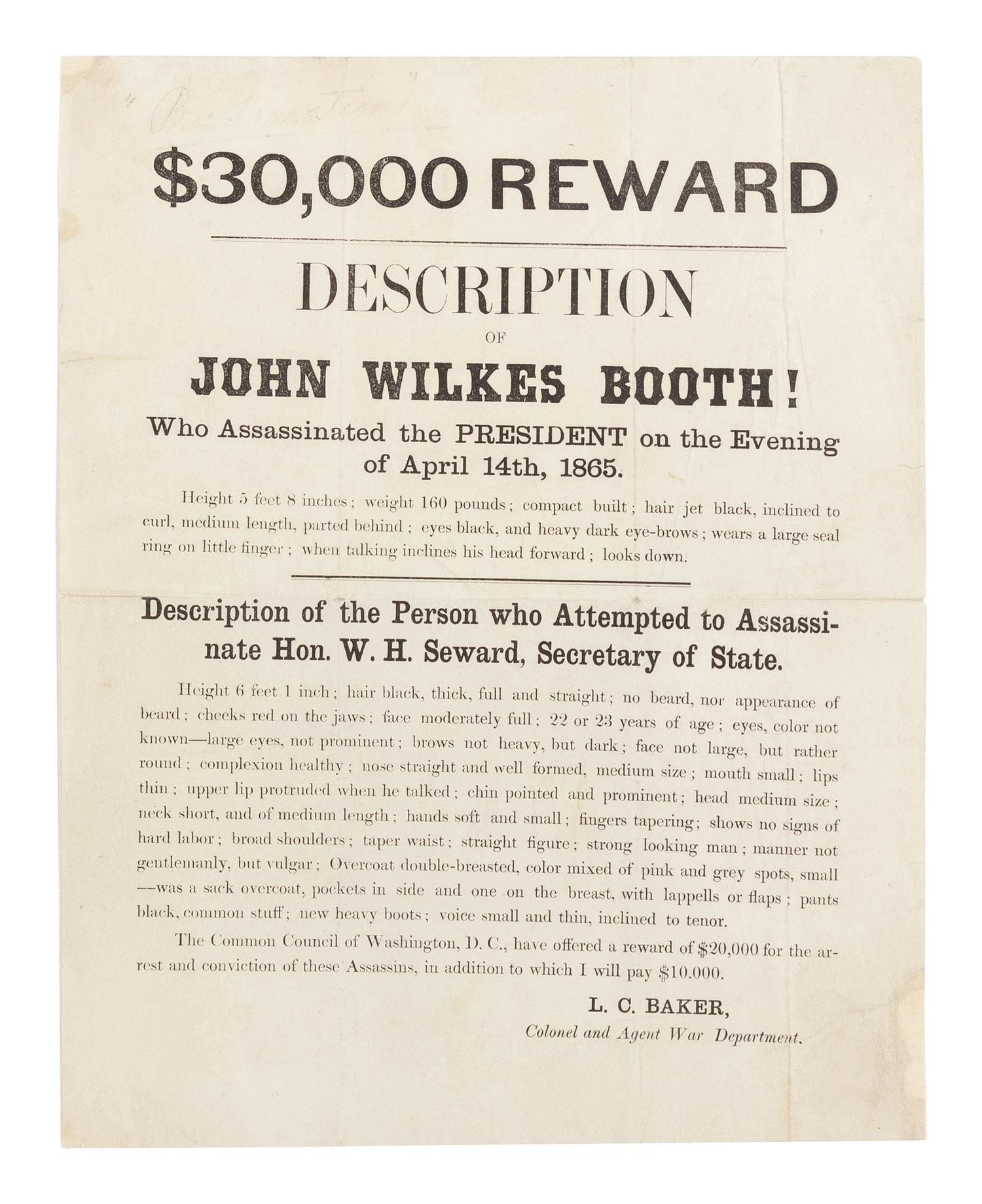 [LINCOLN ASSASSINATION] $30,000 Reward. Description of John Wilkes Booth! [Washington, D.C., ca. 16 April 1865].
