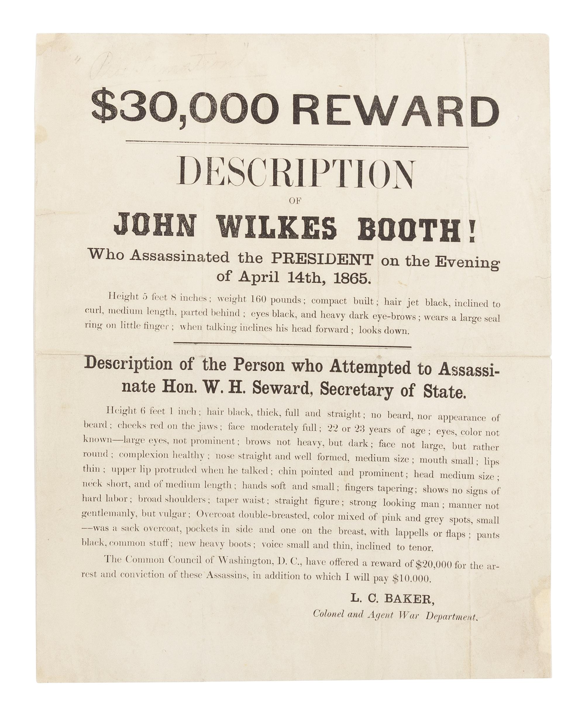 [LINCOLN ASSASSINATION] $30,000 Reward. Description of John Wilkes Booth! [Washington, D.C., ca. 16 April 1865].