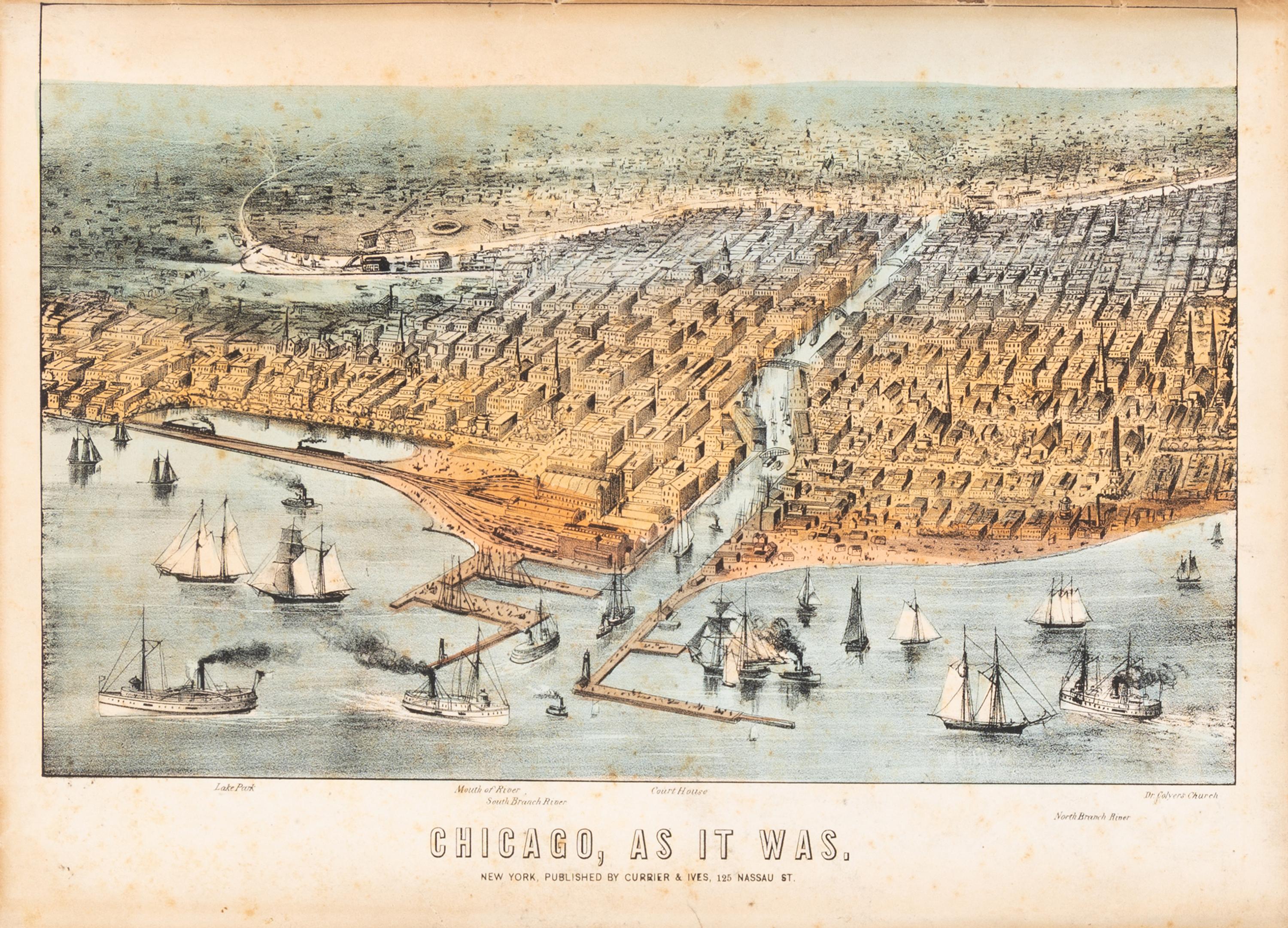 [Chicago Fire]. A group of 10 prints and 2 paintings, showing views of Chicago before and after the Great Fire, including:
