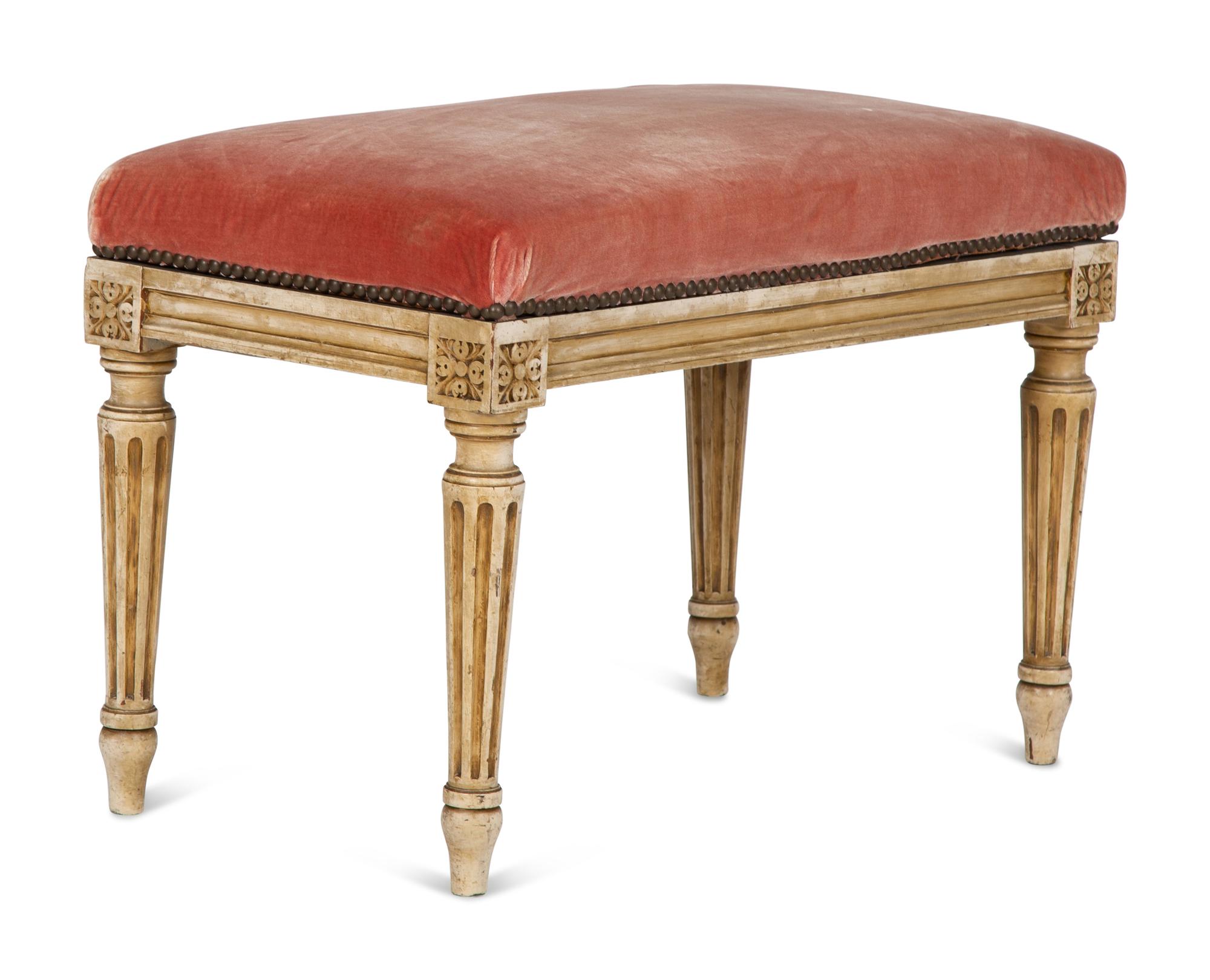 A Louis XVI Style Painted and Velvet-Upholstered Bench