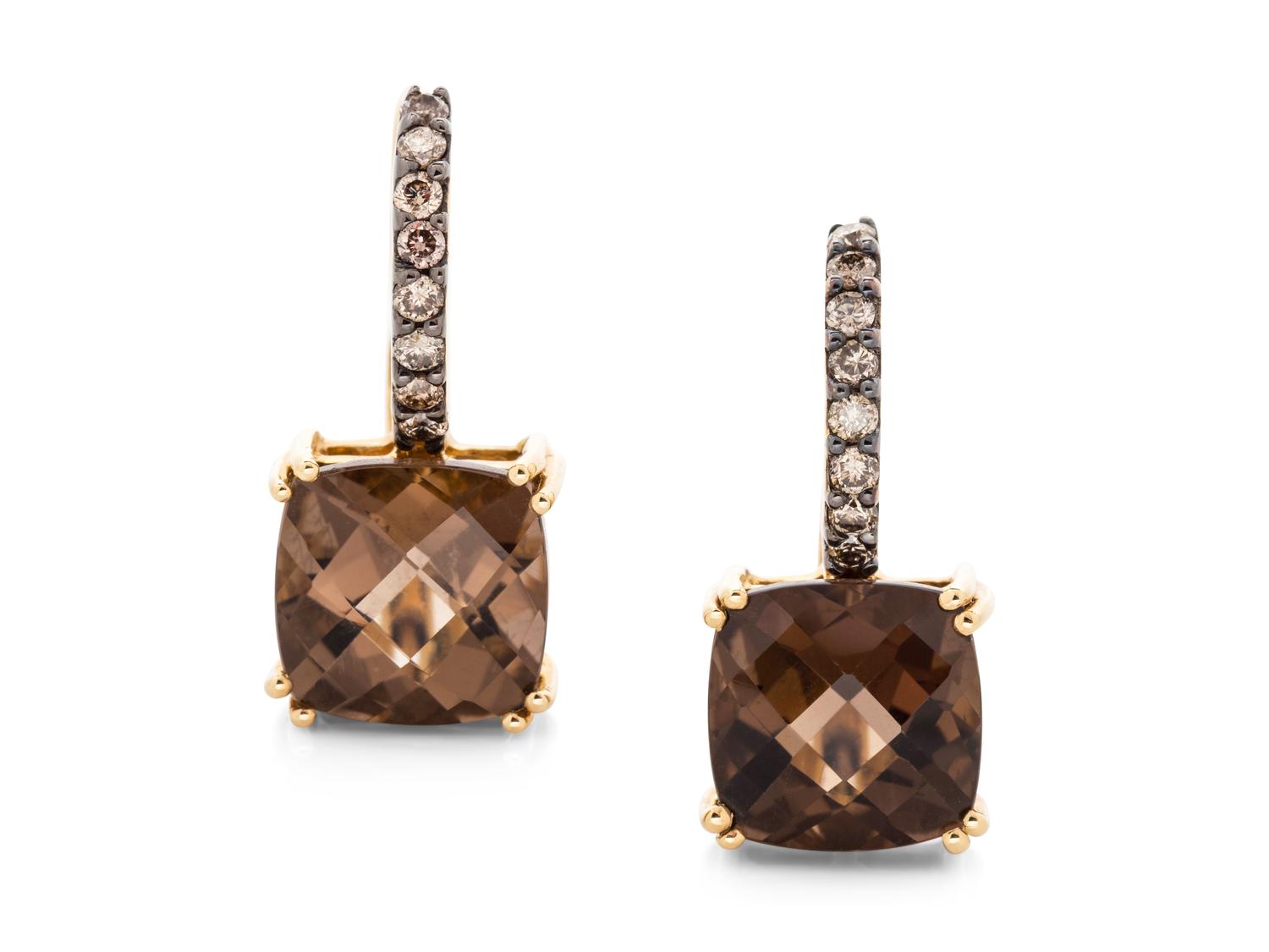 A Pair of 14 Karat Yellow Gold, Smoky Quartz and Colored Diamond Earrings, LeVian,