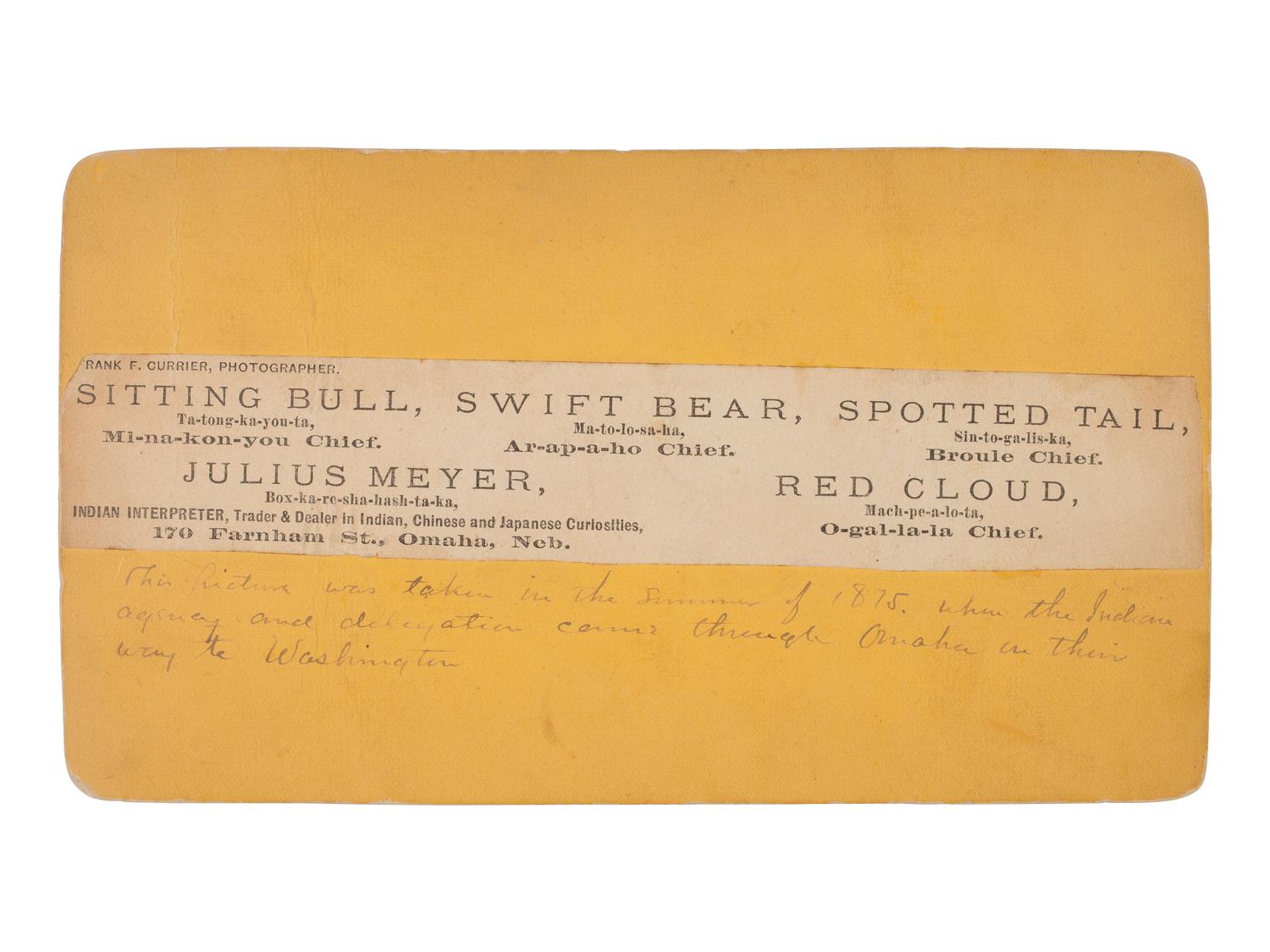 CURRIER, Frank F. (1841-1887), photographer. Stereoview of Indian trader and Interpreter Julius Meyer and Sioux chiefs, incl. Red Cloud, Sitting Bull, Swift Bear, and Spotted Tail. Omaha, NE, 1875.
