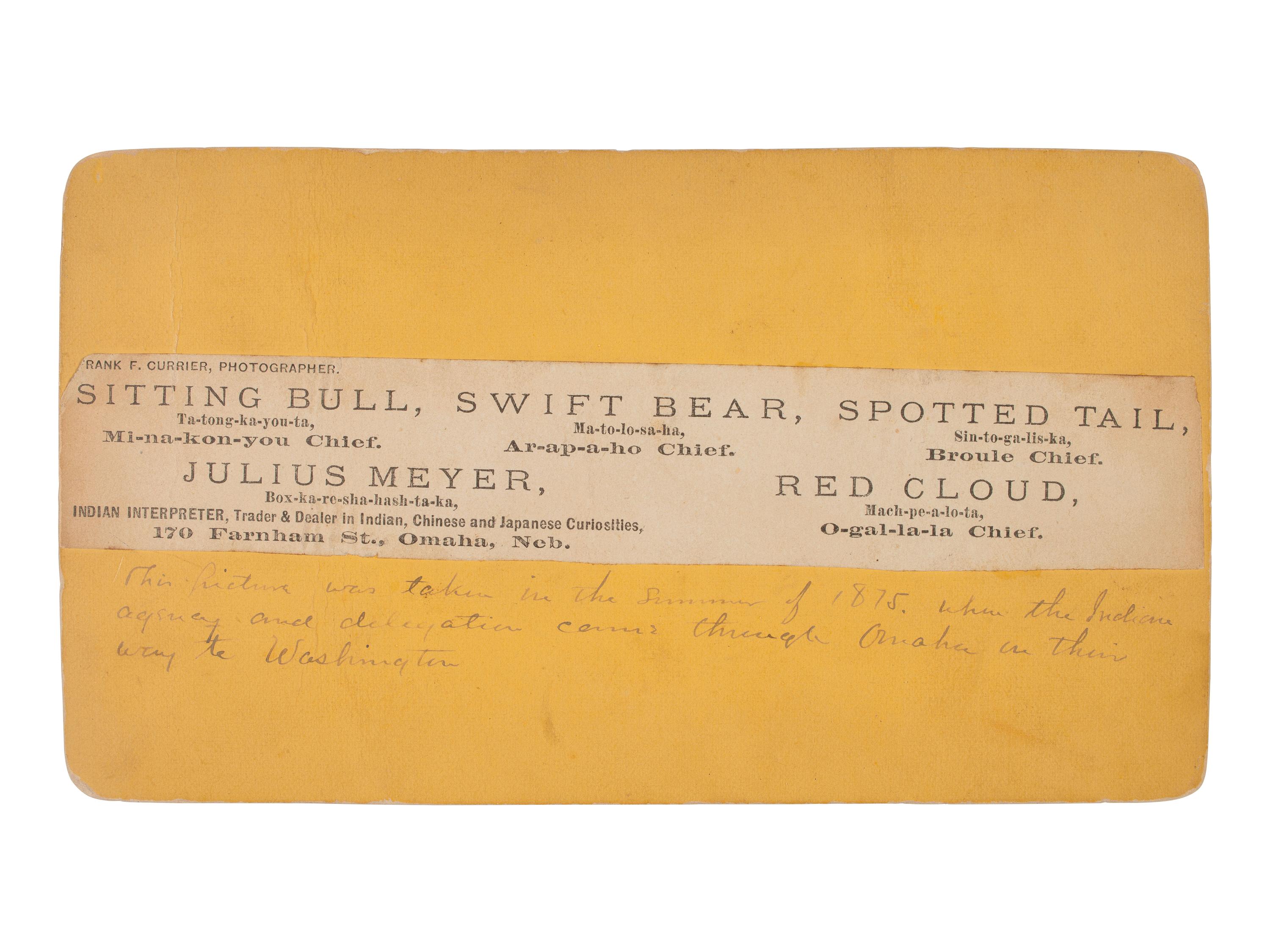 CURRIER, Frank F. (1841-1887), photographer. Stereoview of Indian trader and Interpreter Julius Meyer and Sioux chiefs, incl. Red Cloud, Sitting Bull, Swift Bear, and Spotted Tail. Omaha, NE, 1875.