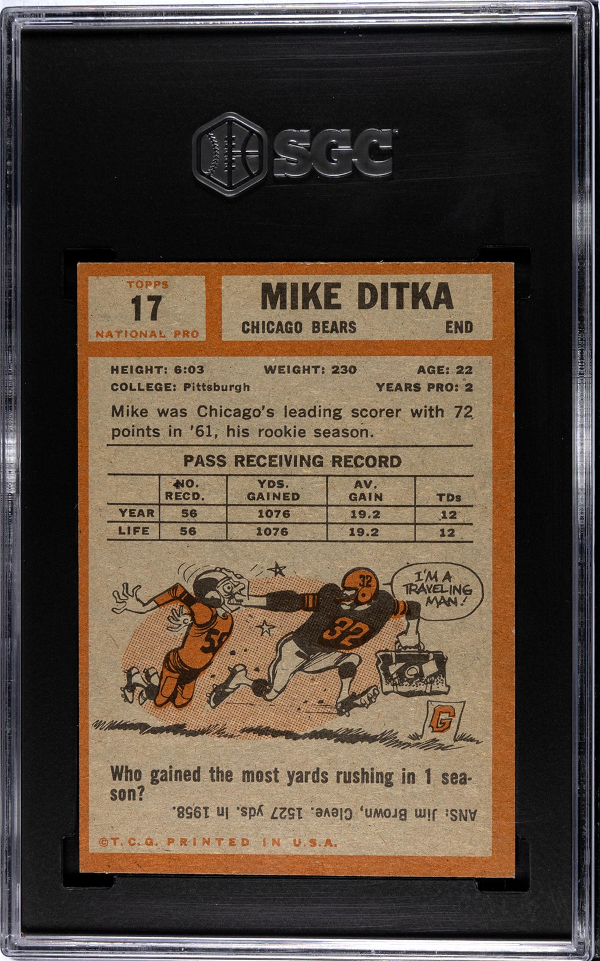 A 1962 Topps Mike Ditka Rookie Football Card No. 17 (SGC 5.5 EX+)
