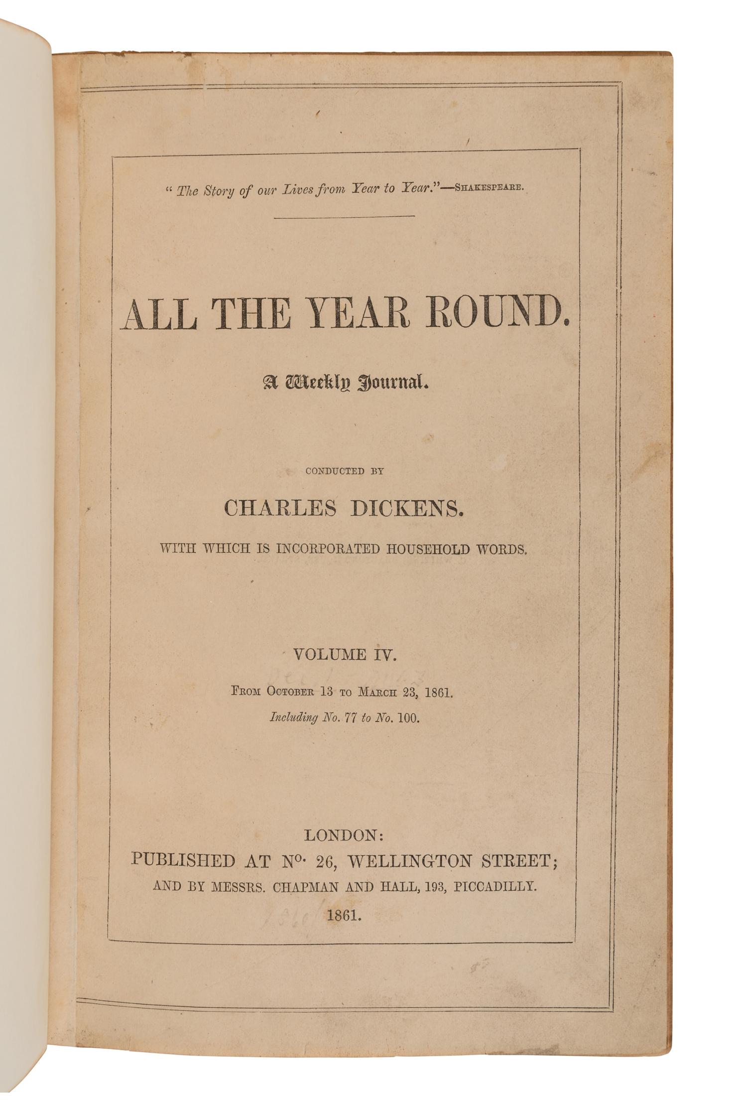 DICKENS, Charles (1812-1870). [ Great Expectations from All the Year Round ]. All the Year Round. London: Chapman & Hall, 1860-1861.