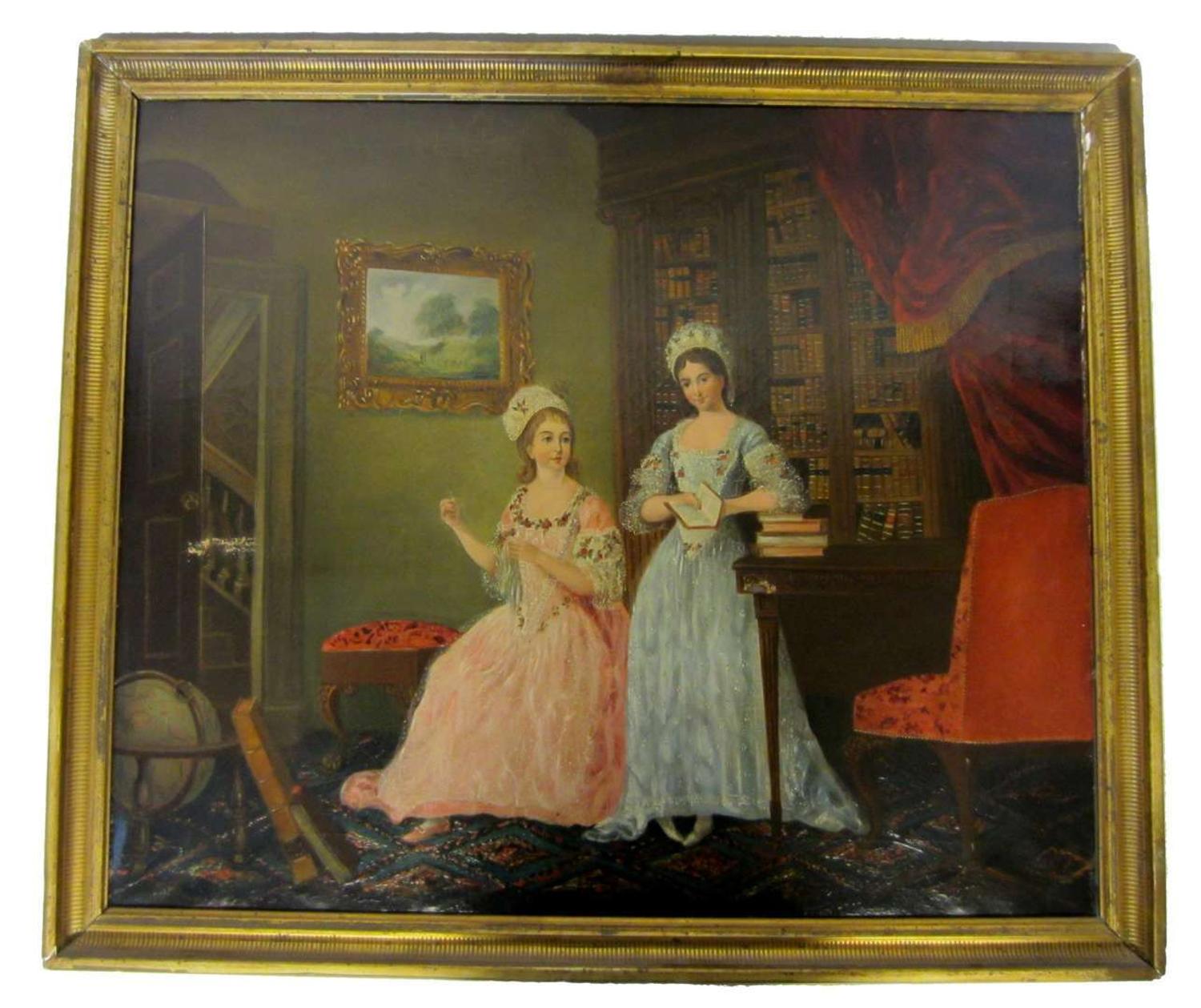 English School 19th century interior scene with ladies