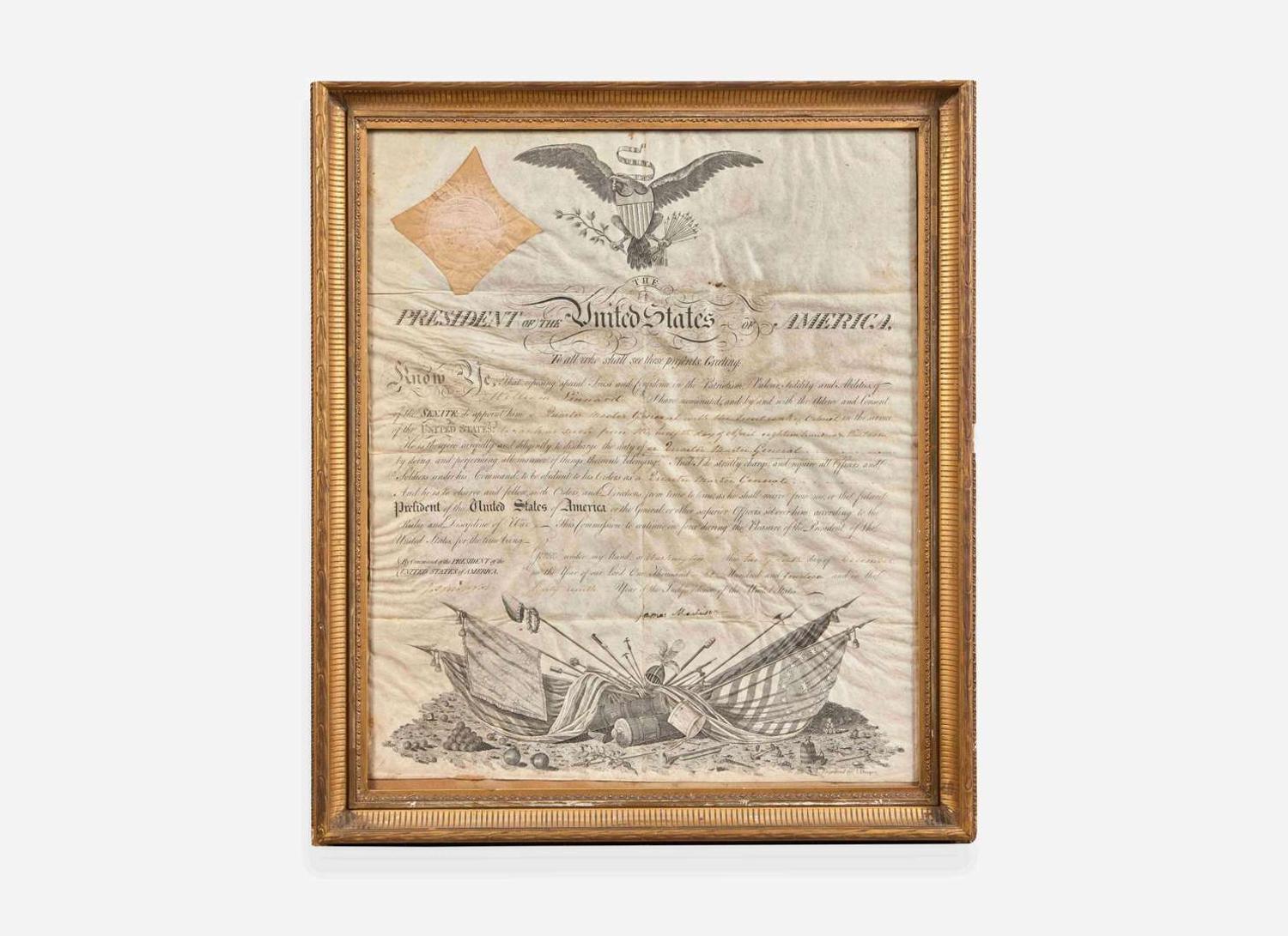 [Presidential] Monroe, James, and James Madison: Partially-Printed Military Commission, signed