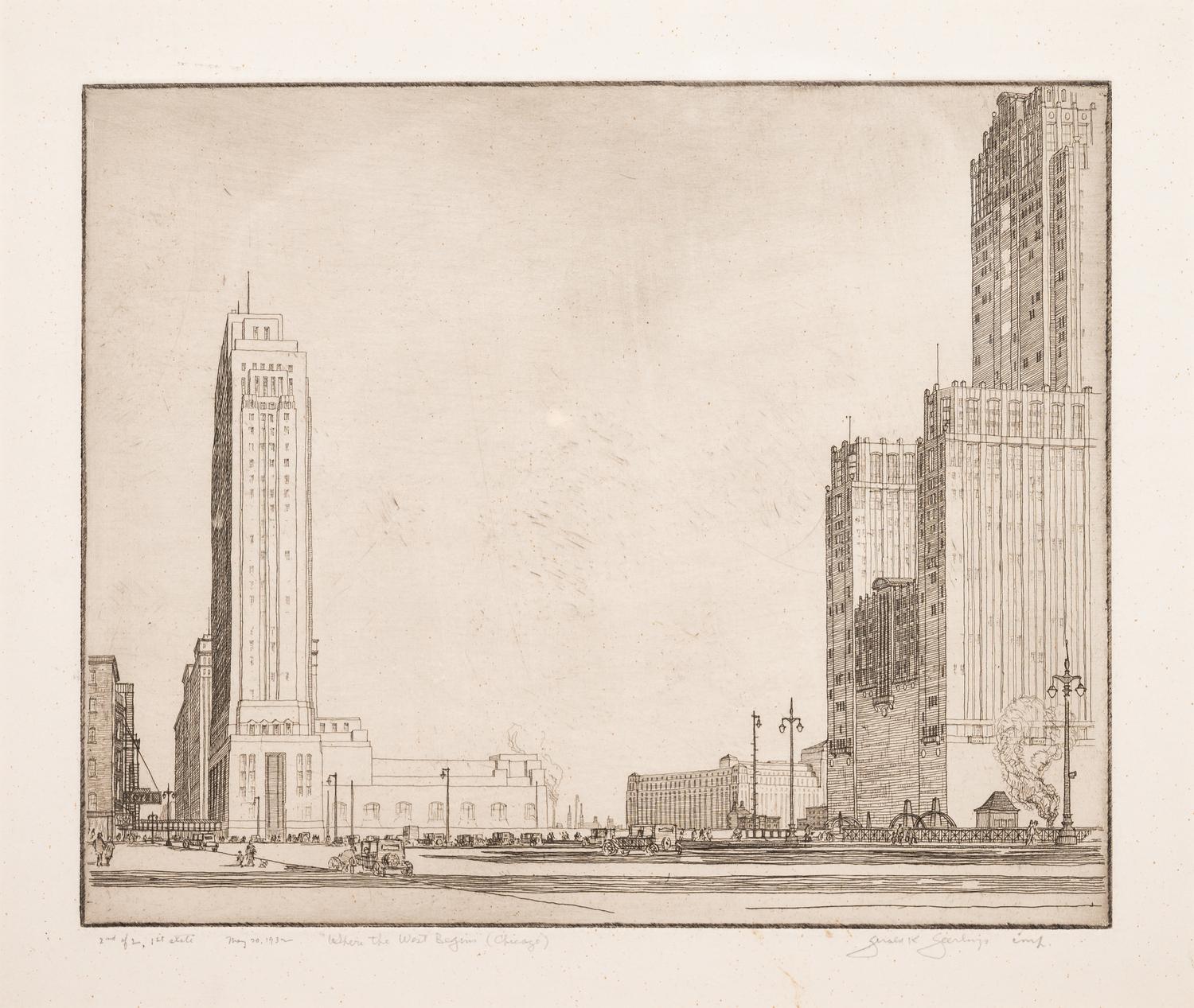 Where the West Begins (Chicago) , accompanied by two preparatory pencil sketches, 1930-32