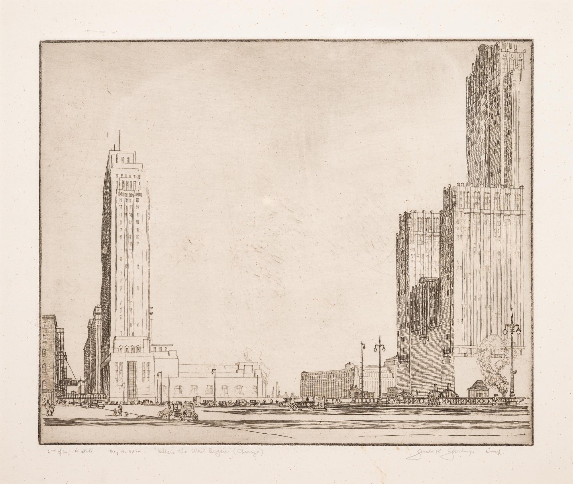 Where the West Begins (Chicago) , accompanied by two preparatory pencil sketches, 1930-32