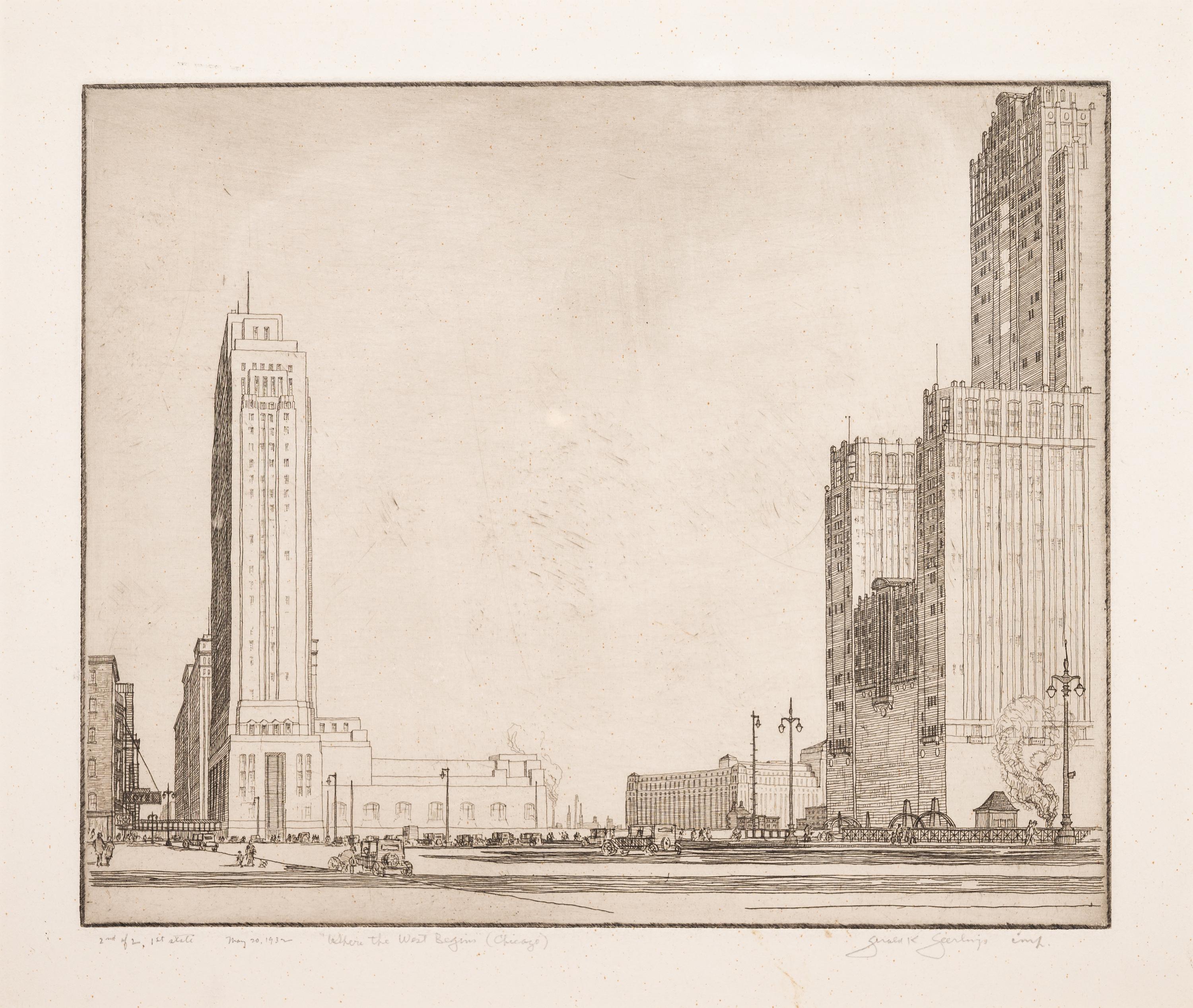 Where the West Begins (Chicago) , accompanied by two preparatory pencil sketches, 1930-32