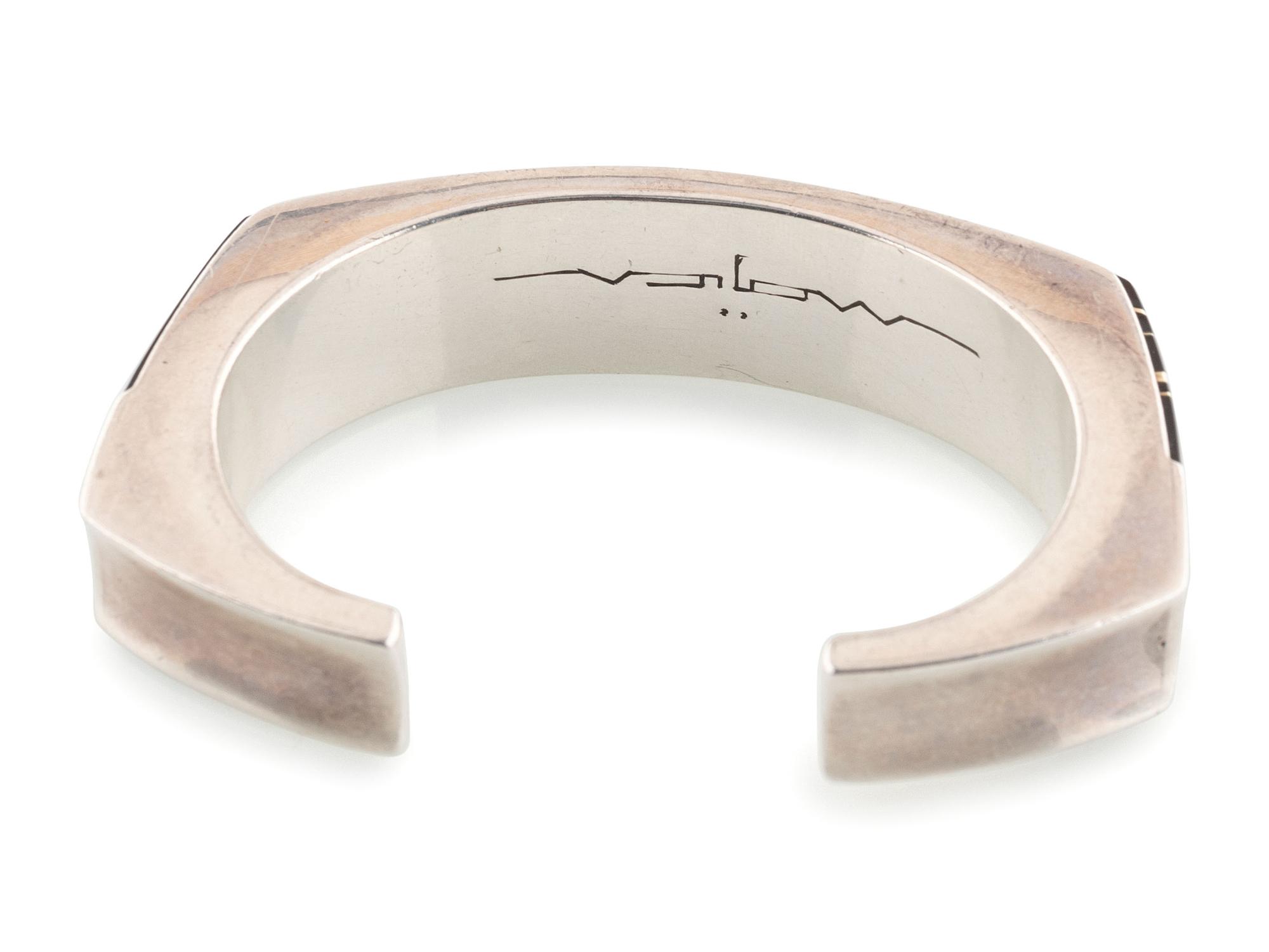 Agular Silver Cuff Bracelet, Set with Jet and Accented with 18K Gold Spacers