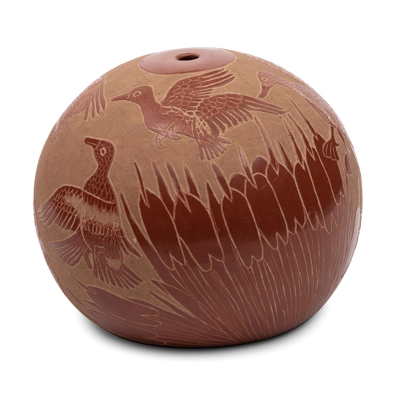 Redware Sgraffito Pottery Seed Jar, with Ducks