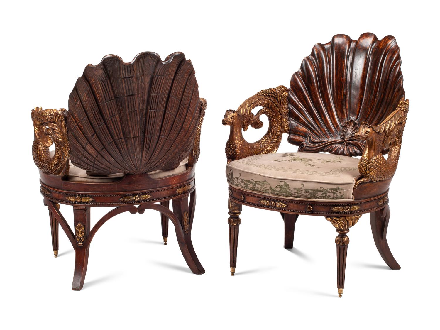 A Pair of Venetian Grotto Style Parcel Gilt Arm chairs