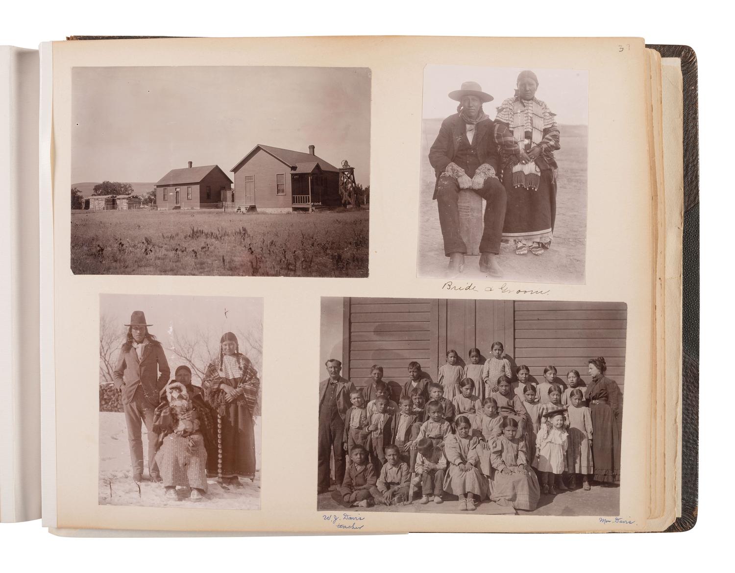 Exceptional album containing photographs of Pine Ridge Reservation and its surroundings, incl. Native American subjects, Indian schools, ceremonies, camp life, and Wounded Knee. Ca late 1890s-early 1900s.