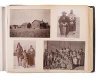Exceptional album containing photographs of Pine Ridge Reservation and its surroundings, incl. Native American subjects, Indian schools, ceremonies, camp life, and Wounded Knee. Ca late 1890s-early 1900s.