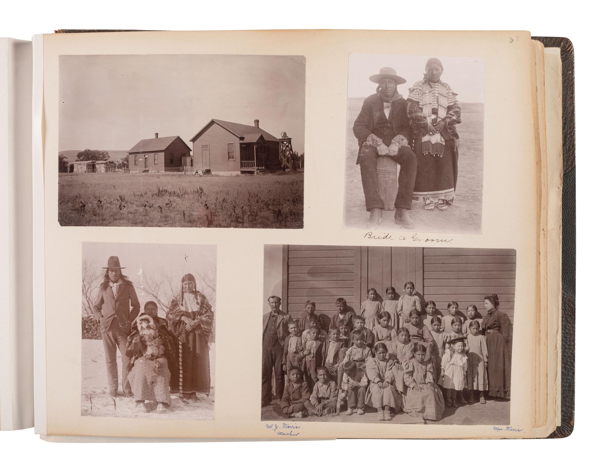 Exceptional album containing photographs of Pine Ridge Reservation and its surroundings, incl. Native American subjects, Indian schools, ceremonies, camp life, and Wounded Knee. Ca late 1890s-early 1900s.