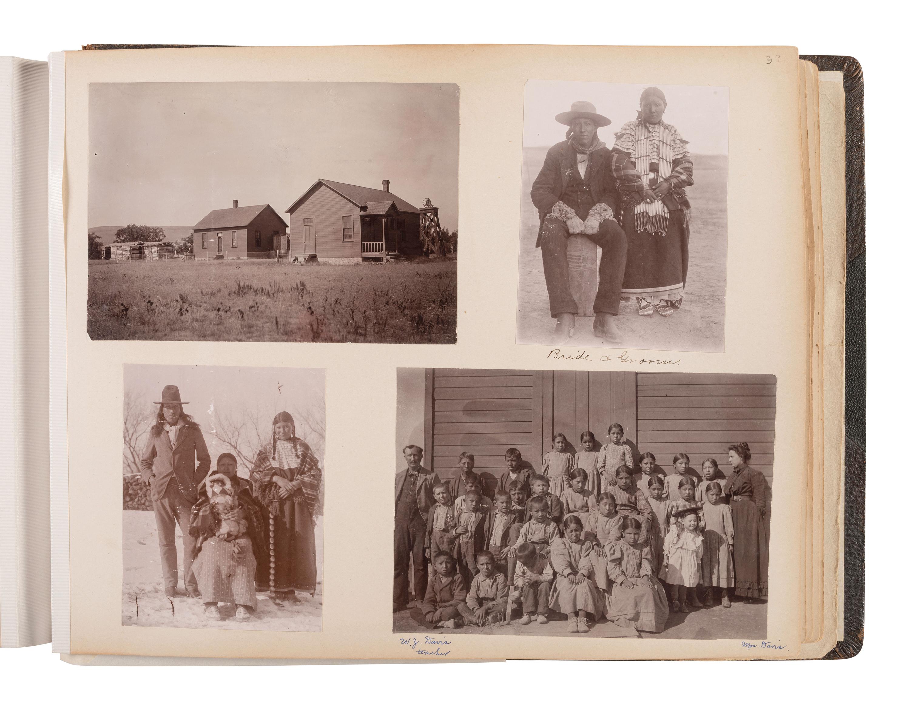 Exceptional album containing photographs of Pine Ridge Reservation and its surroundings, incl. Native American subjects, Indian schools, ceremonies, camp life, and Wounded Knee. Ca late 1890s-early 1900s.