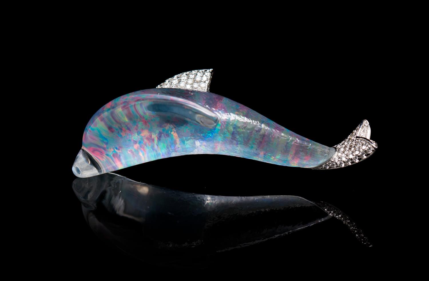 An 18 Karat Gold, Rock Crystal, Opal and Diamond Brooch, Vhernier, 10.40 dwts.