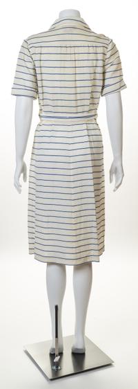 A Courreges Cream and Blue Cotton Striped Dress, Size 0; Belt: 24" - 26.5" x 1.25".