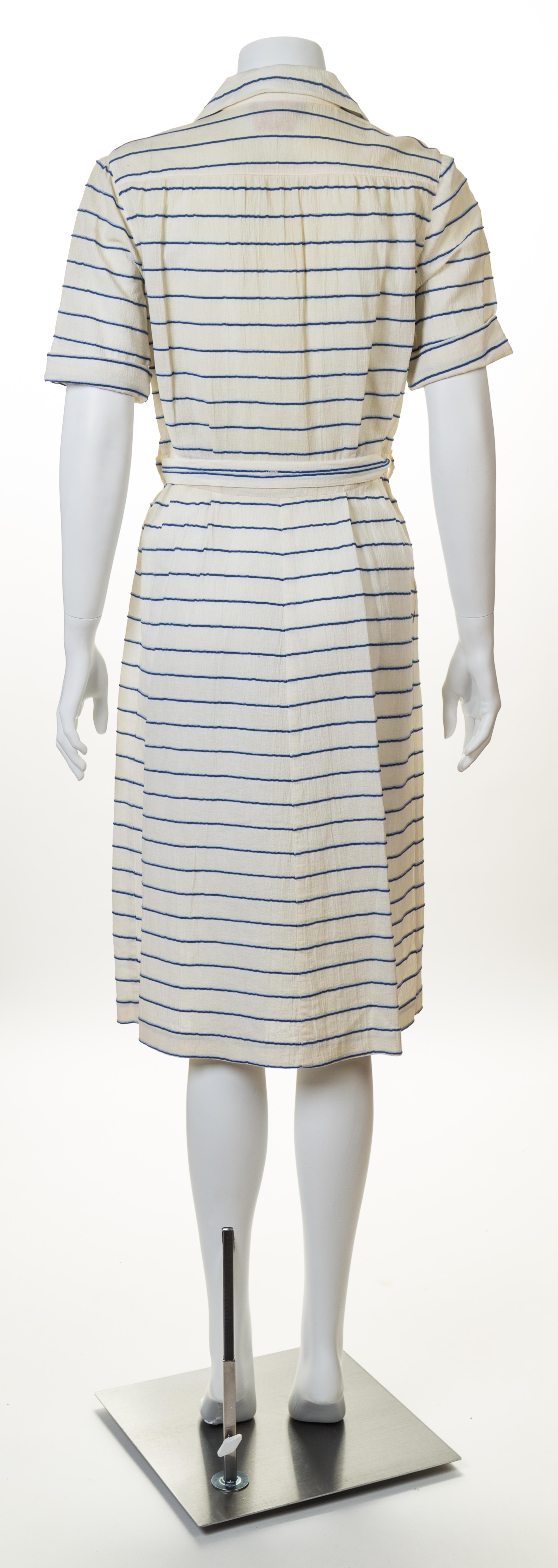 A Courreges Cream and Blue Cotton Striped Dress, Size 0; Belt: 24" - 26.5" x 1.25".
