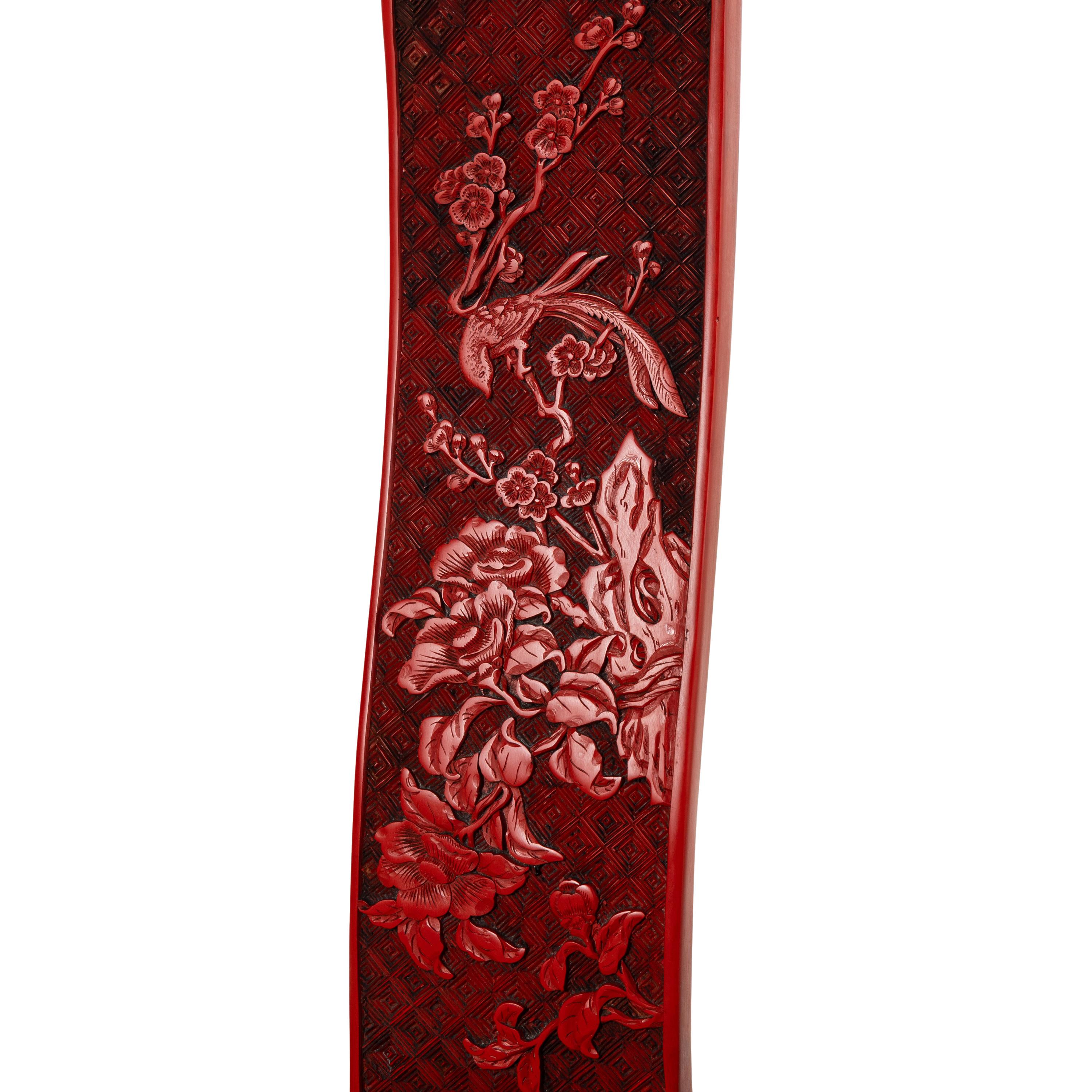 A Pair of Chinese Cinnabar Lacquer Horseshoe-Back Armchairs, Quanyi, 20th Century 近代 滿工剔紅花鳥圖圈椅一對