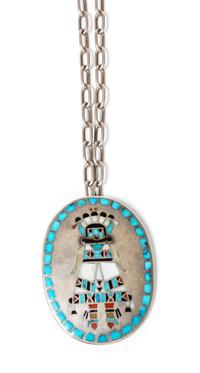 Zuni Mosaic Inlay Pendant, Attributed to Frank Vacit (1915-1999) Height 2 1/4 x width 1 3/4 inches, length of chain 28 inches