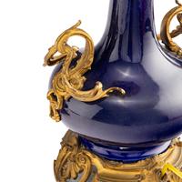 A Pair of Louis XV Style Gilt Bronze Mounted Cobalt Porcelain Vases