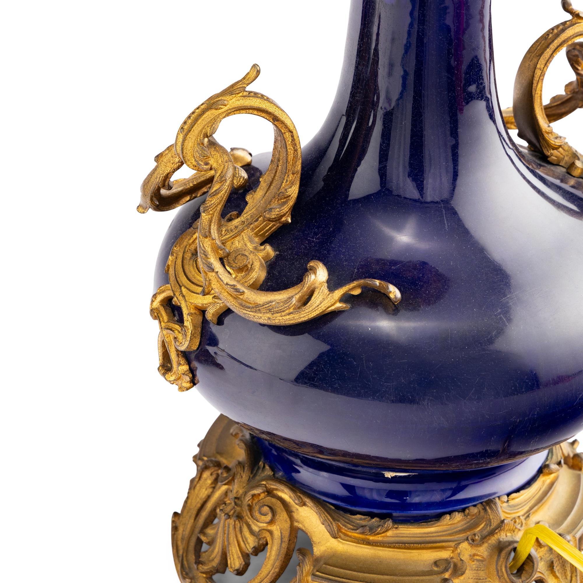 A Pair of Louis XV Style Gilt Bronze Mounted Cobalt Porcelain Vases