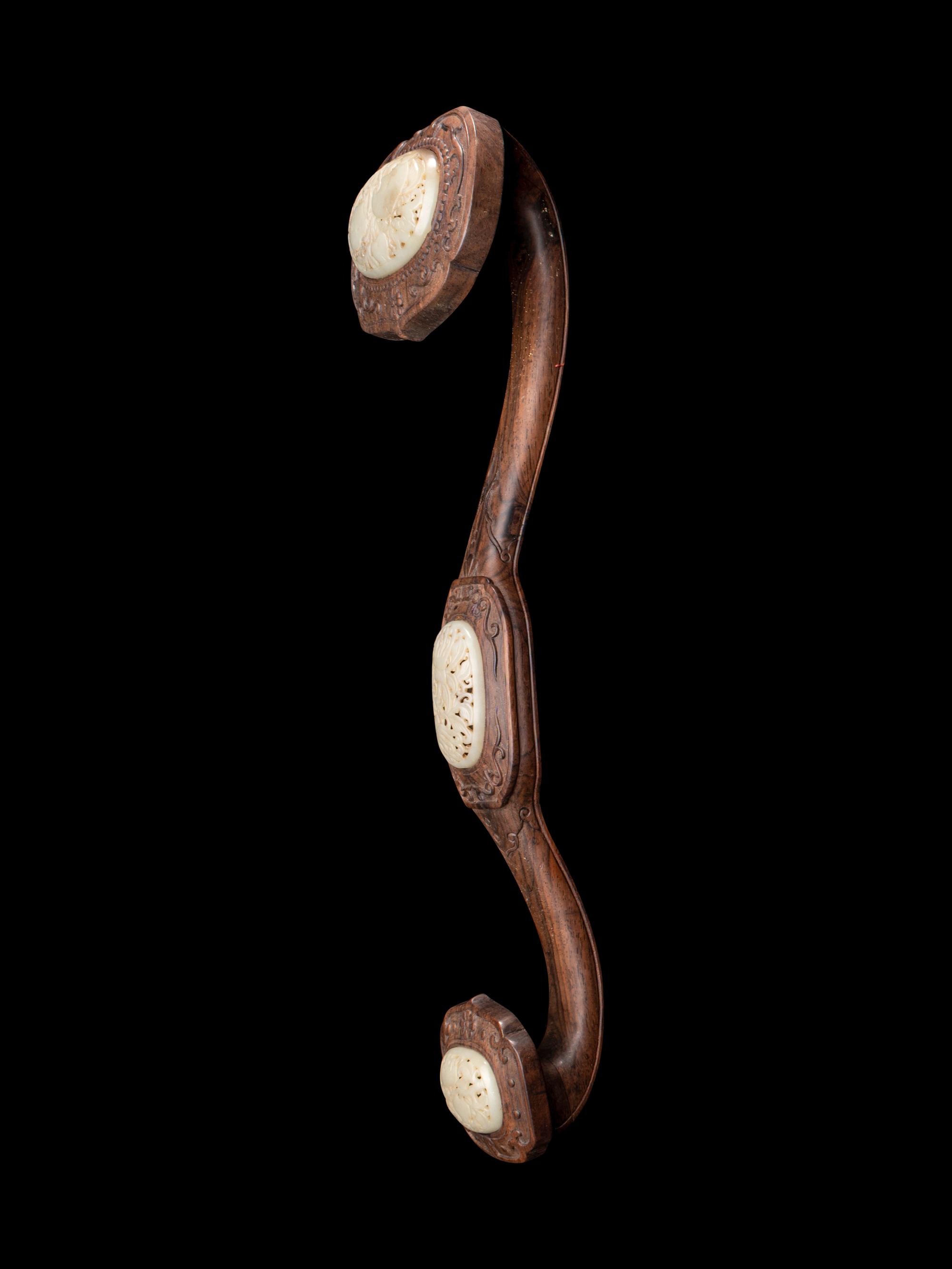 A Pair of Celadon Jade Inset Wood Ruyi Scepters