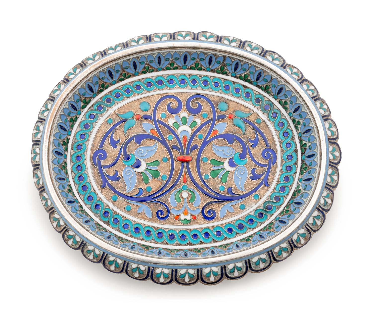 A Russian Silver-Gilt and Enameled Card Tray