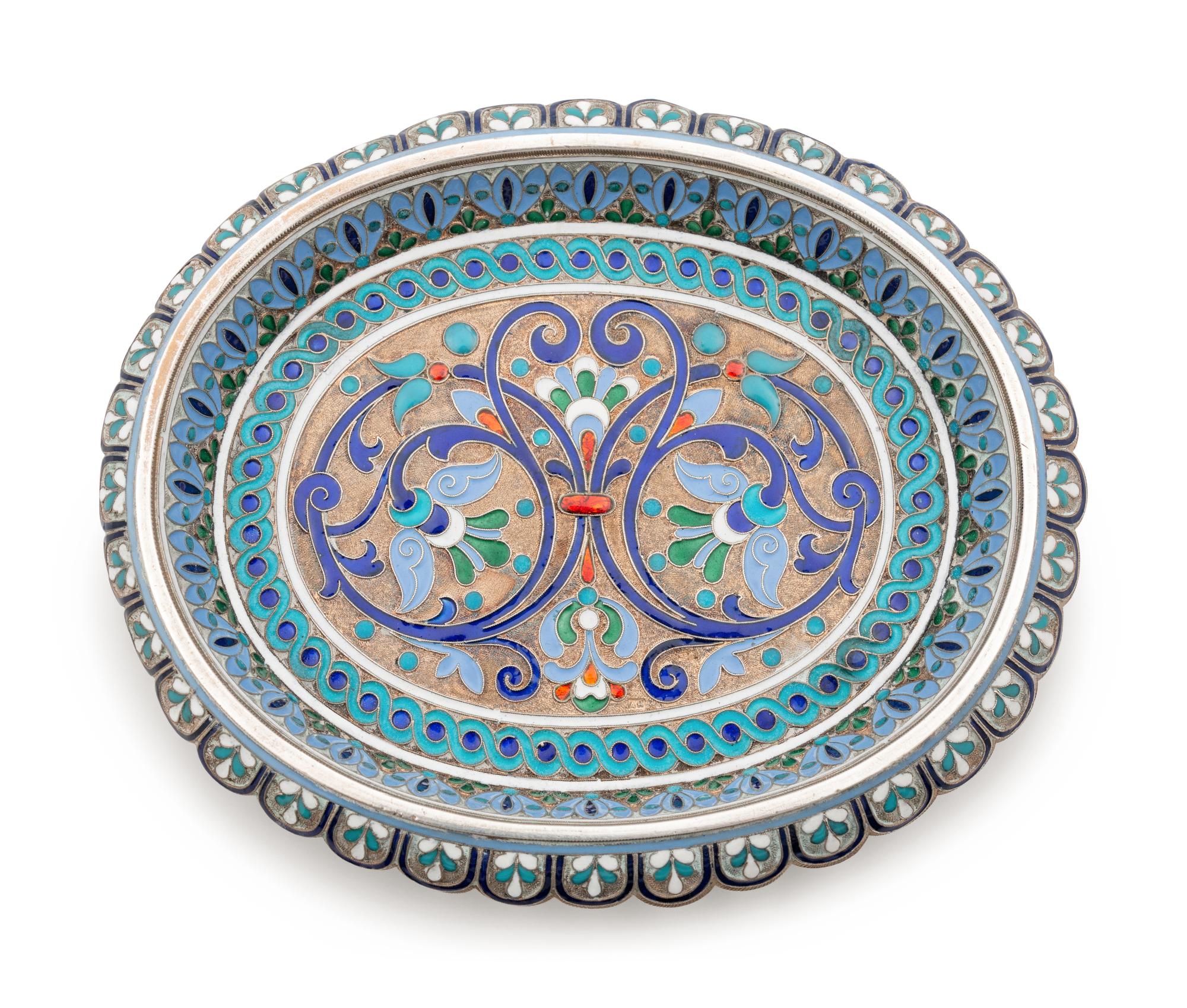 A Russian Silver-Gilt and Enameled Card Tray