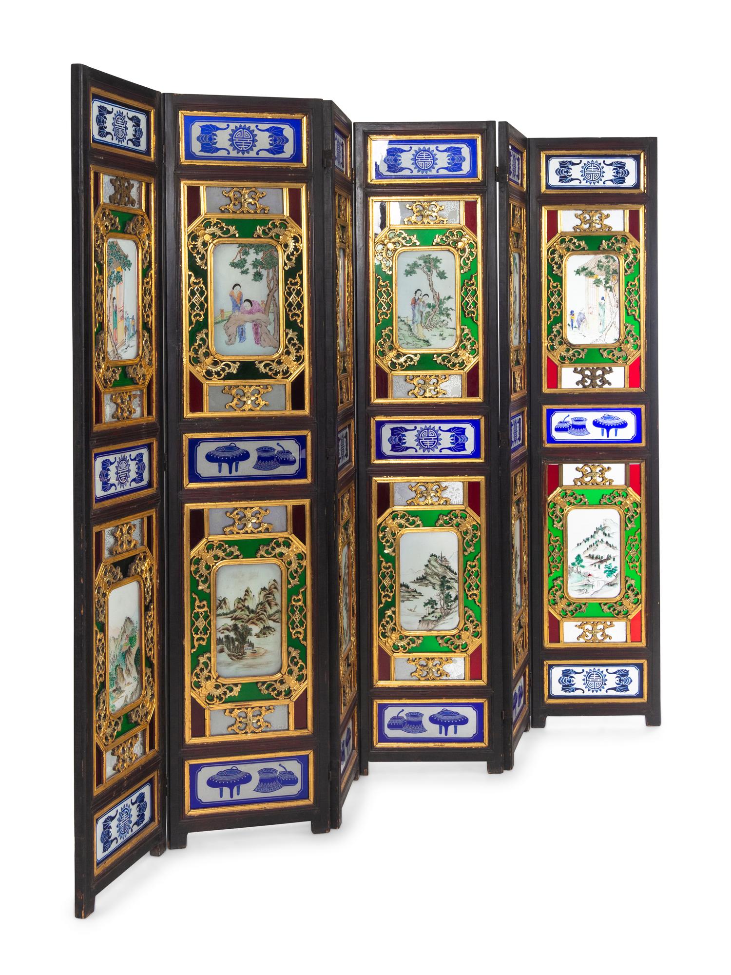 A Chinese Painted Glass Inset Gilt Decorated Hardwood Six-Panel Floor Screen