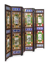 A Chinese Painted Glass Inset Gilt Decorated Hardwood Six-Panel Floor Screen